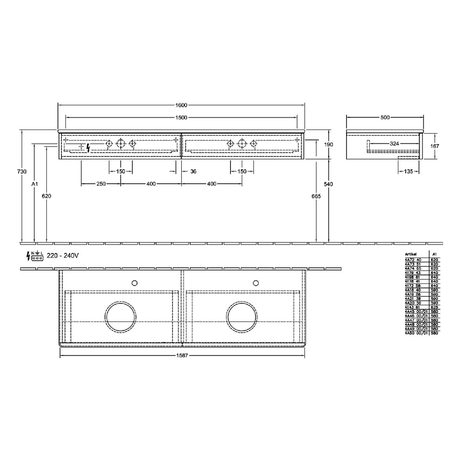Rysunek techniczny podwójnej umywalki z wymiarami, Villeroy & Boch