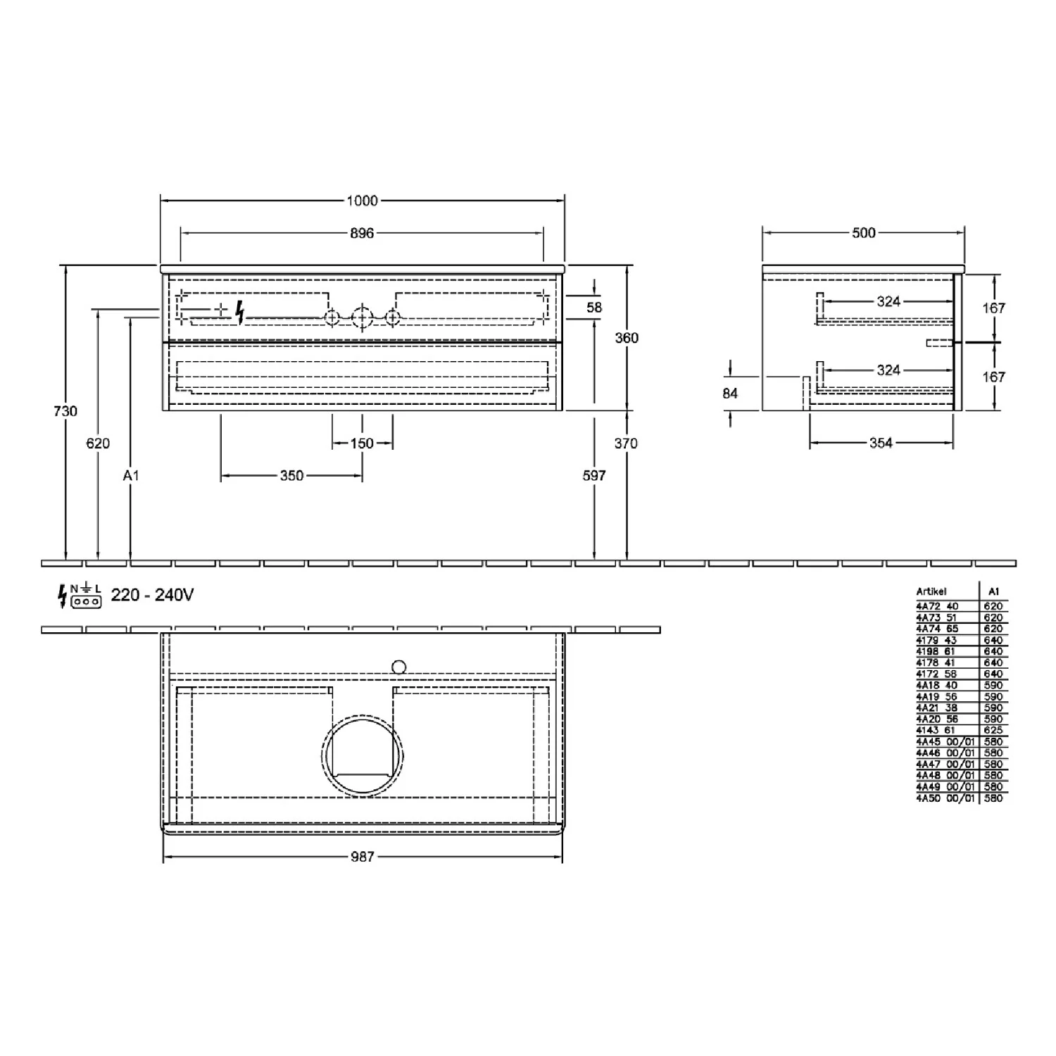 Rysunek techniczny mebla łazienkowego z wymiarami, Villeroy & Boch