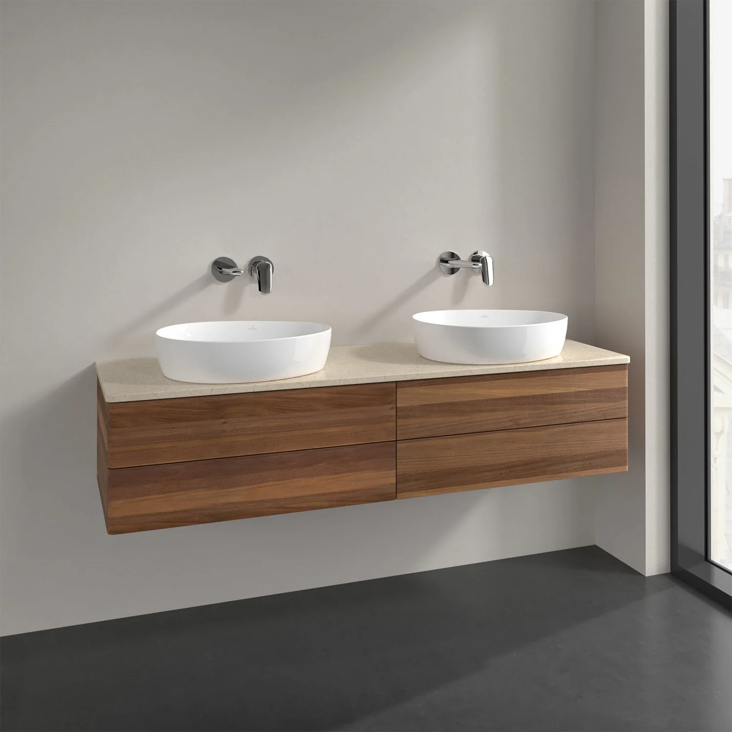 Podwójna umywalka z drewnianą szafką w łazience, Villeroy & Boch