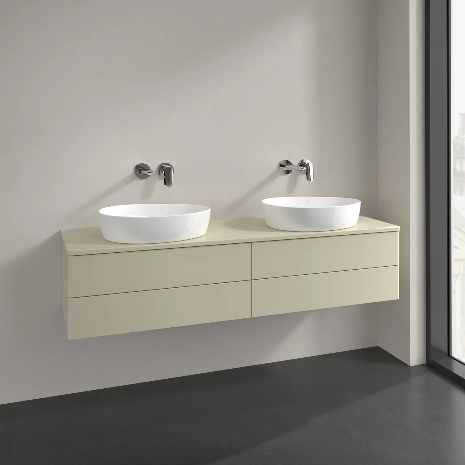 Beżowa podwójna umywalka w nowoczesnej łazience, Villeroy & Boch