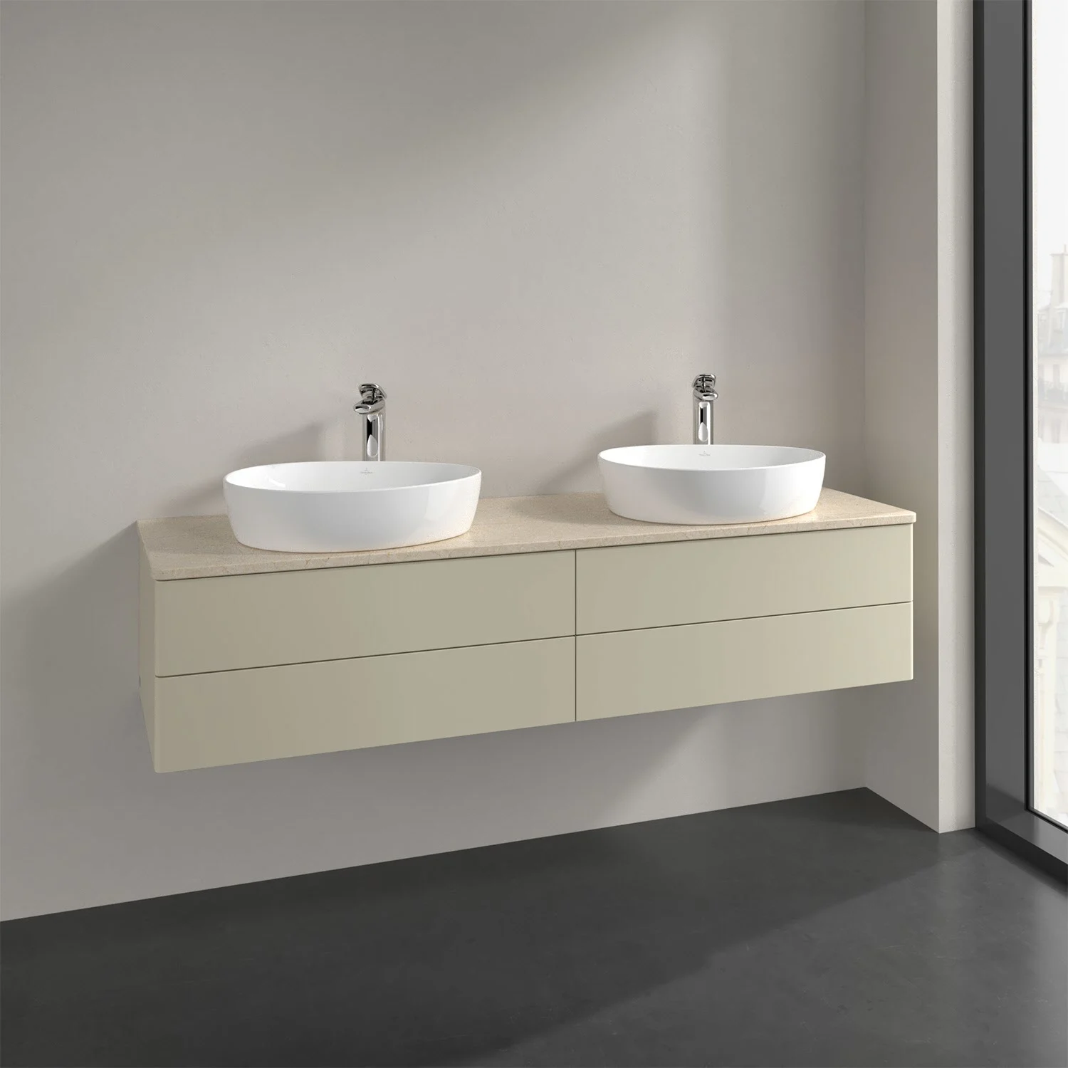 Podwójna umywalka z beżową szafką w łazience, Villeroy & Boch