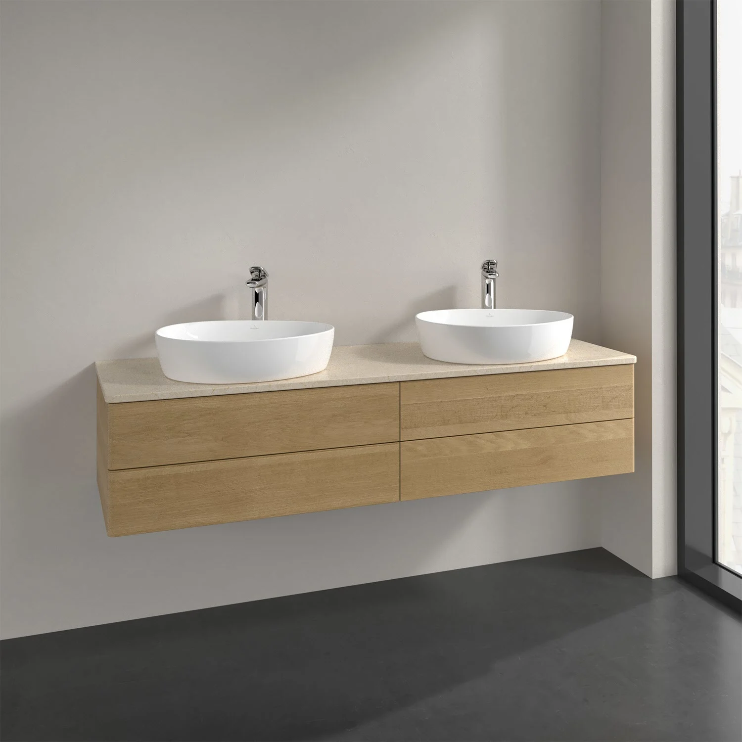 Drewniana podwójna umywalka z bateriami ściennymi w łazience, Villeroy & Boch