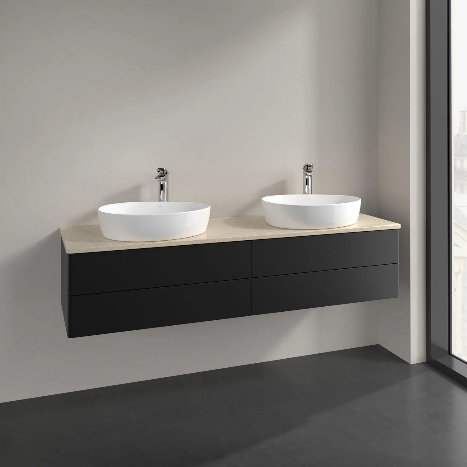 Czarna podwójna umywalka z bateriami ściennymi w łazience, Villeroy & Boch