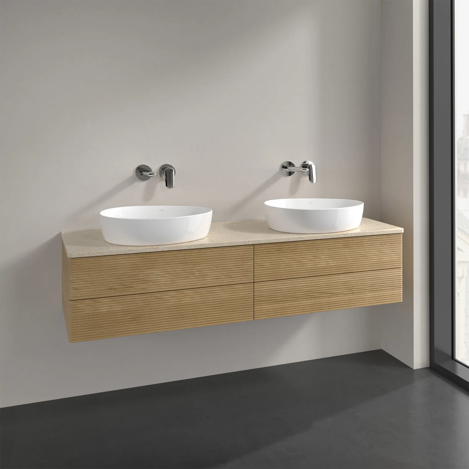 Podwójna umywalka z drewnianą szafką w łazience, Villeroy & Boch