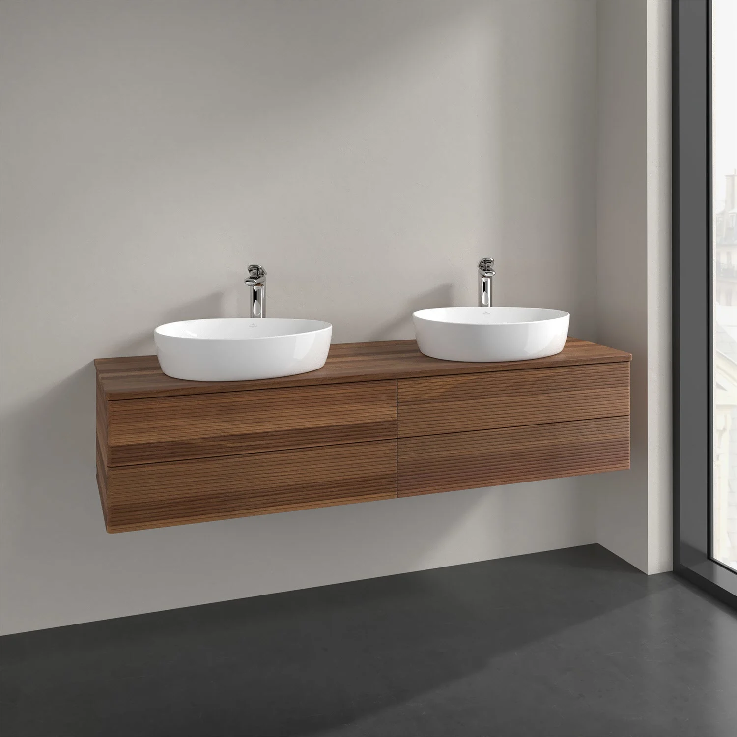 Podwójna umywalka z ciemną drewnianą powierzchnią w łazience, Villeroy & Boch