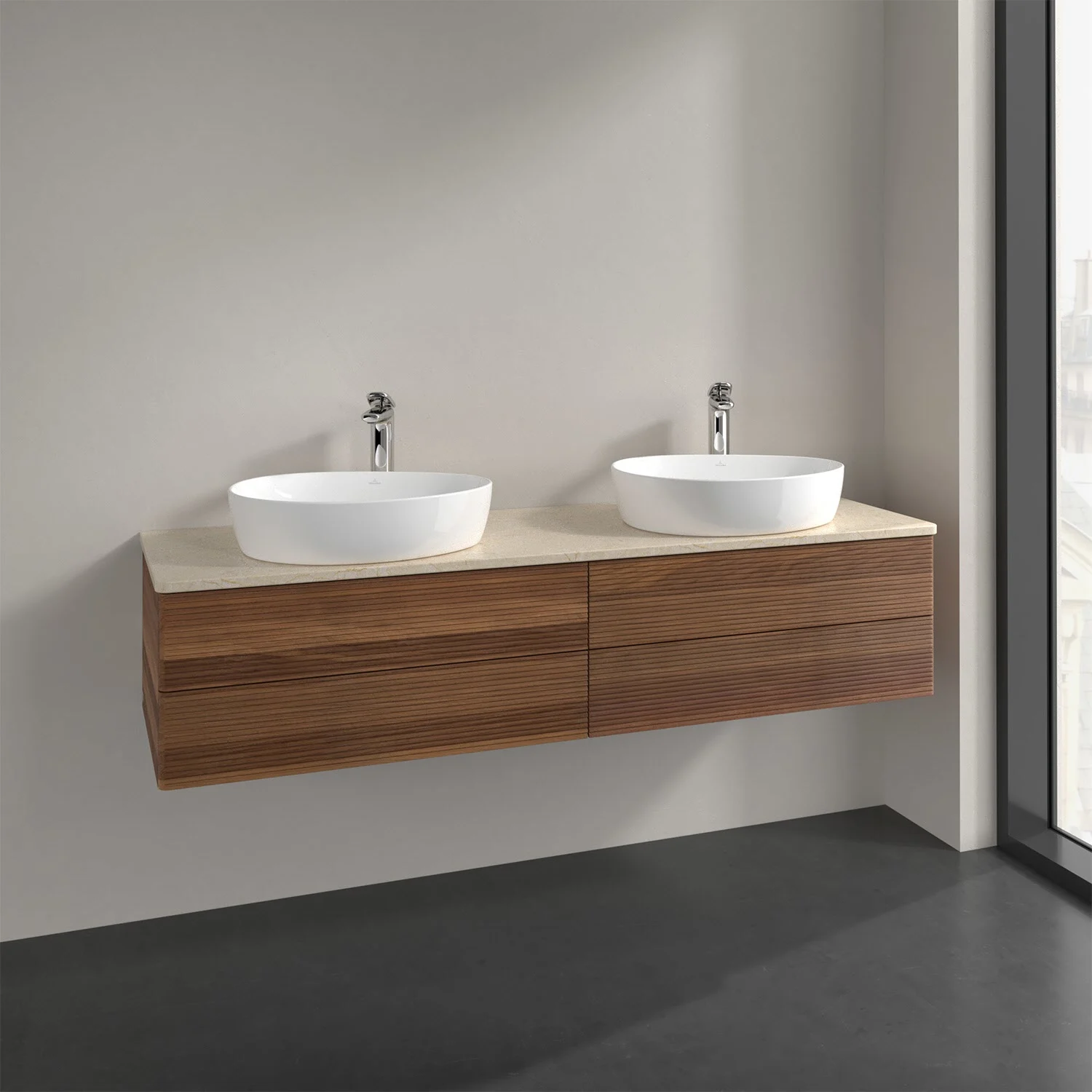 Podwójna umywalka z brązową szafką z bliska, Villeroy & Boch