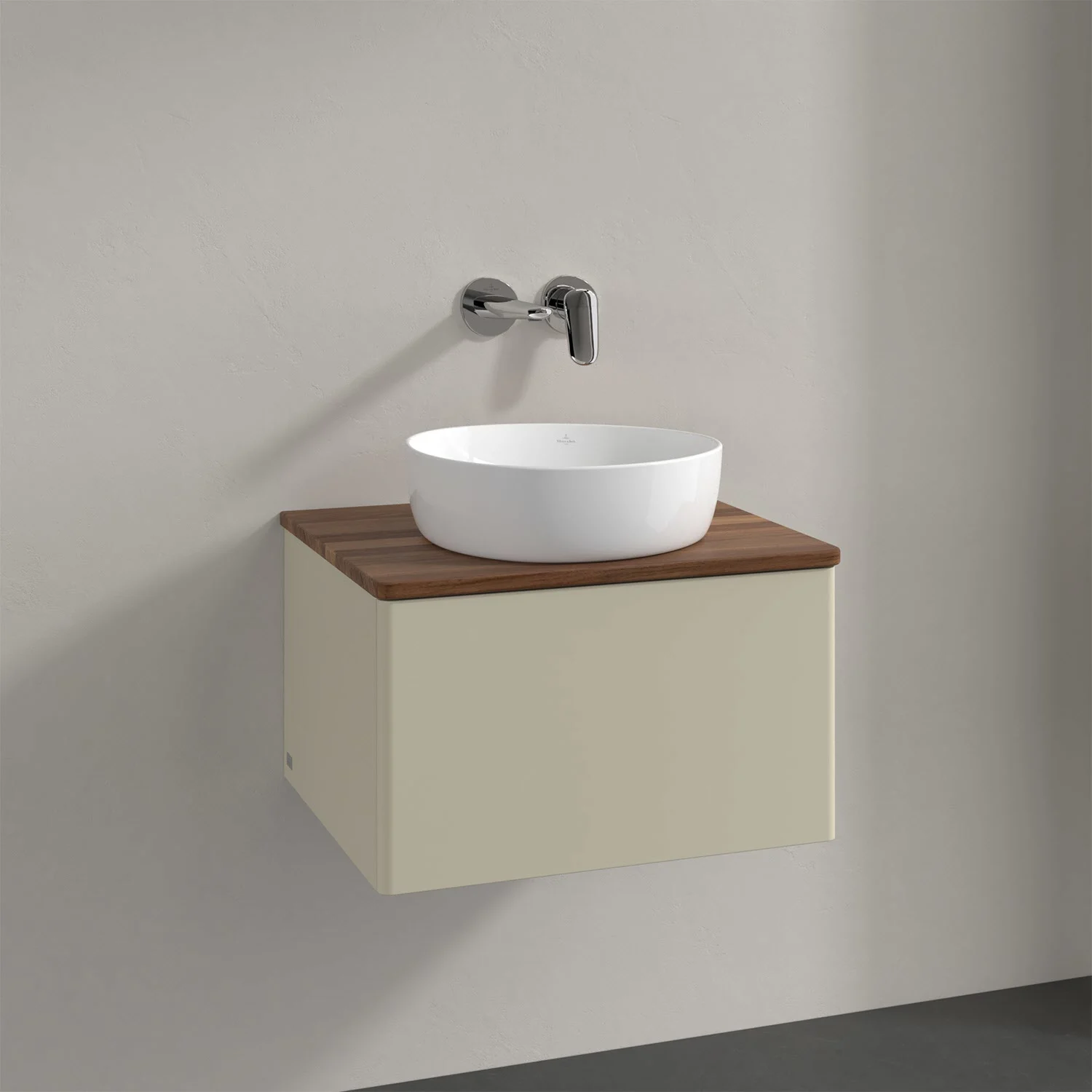 Umywalka z drewnianym blatem i białą umywalką, Villeroy & Boch