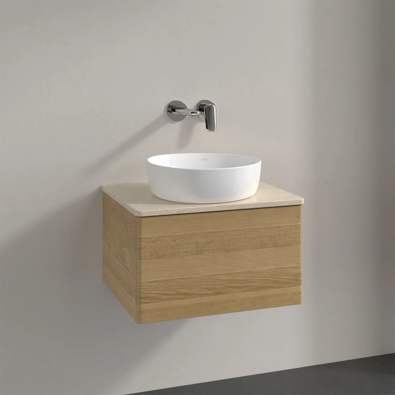 Biała umywalka na drewnianej szafce w łazience, Villeroy & Boch