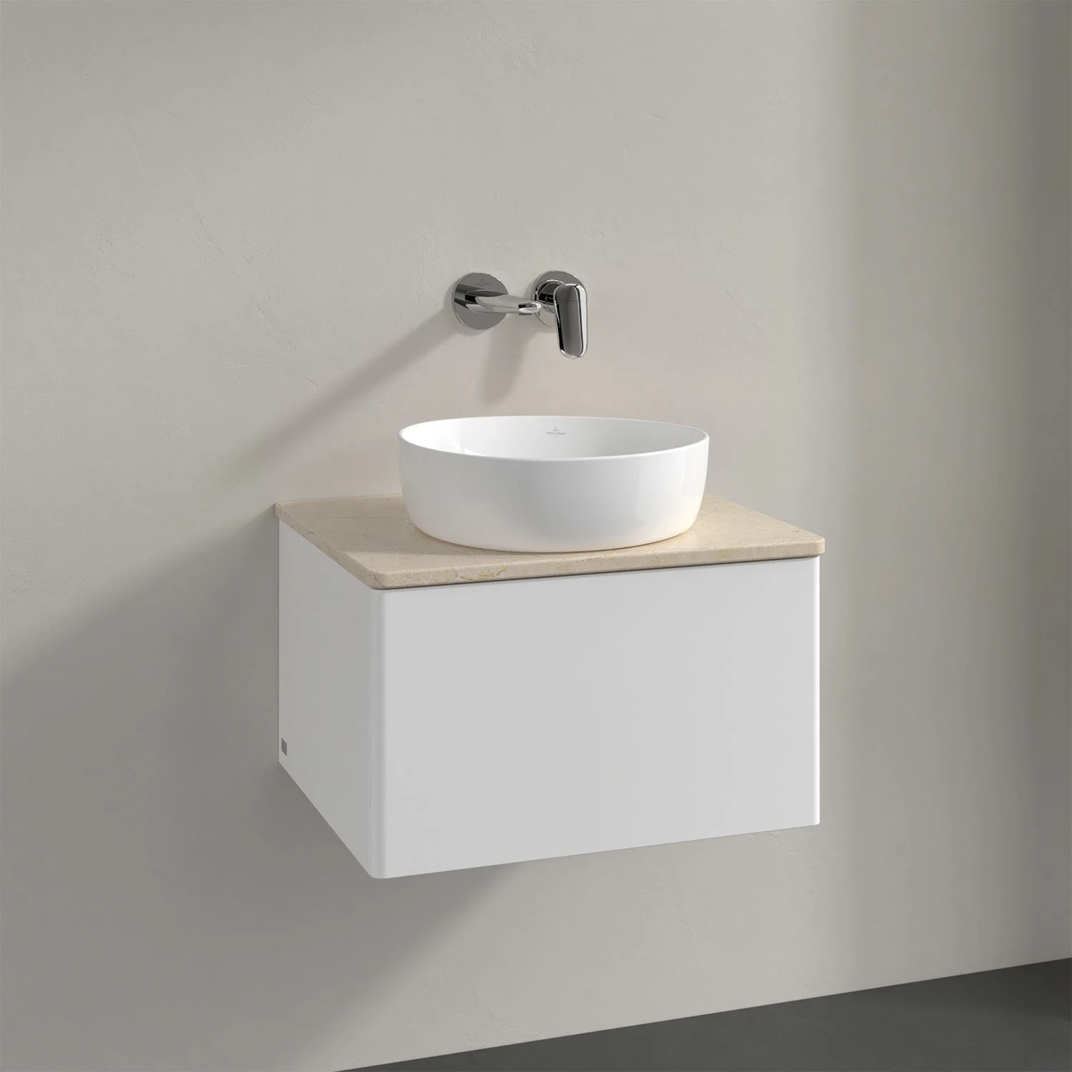 Biała umywalka na białej szafce w łazience, Villeroy & Boch