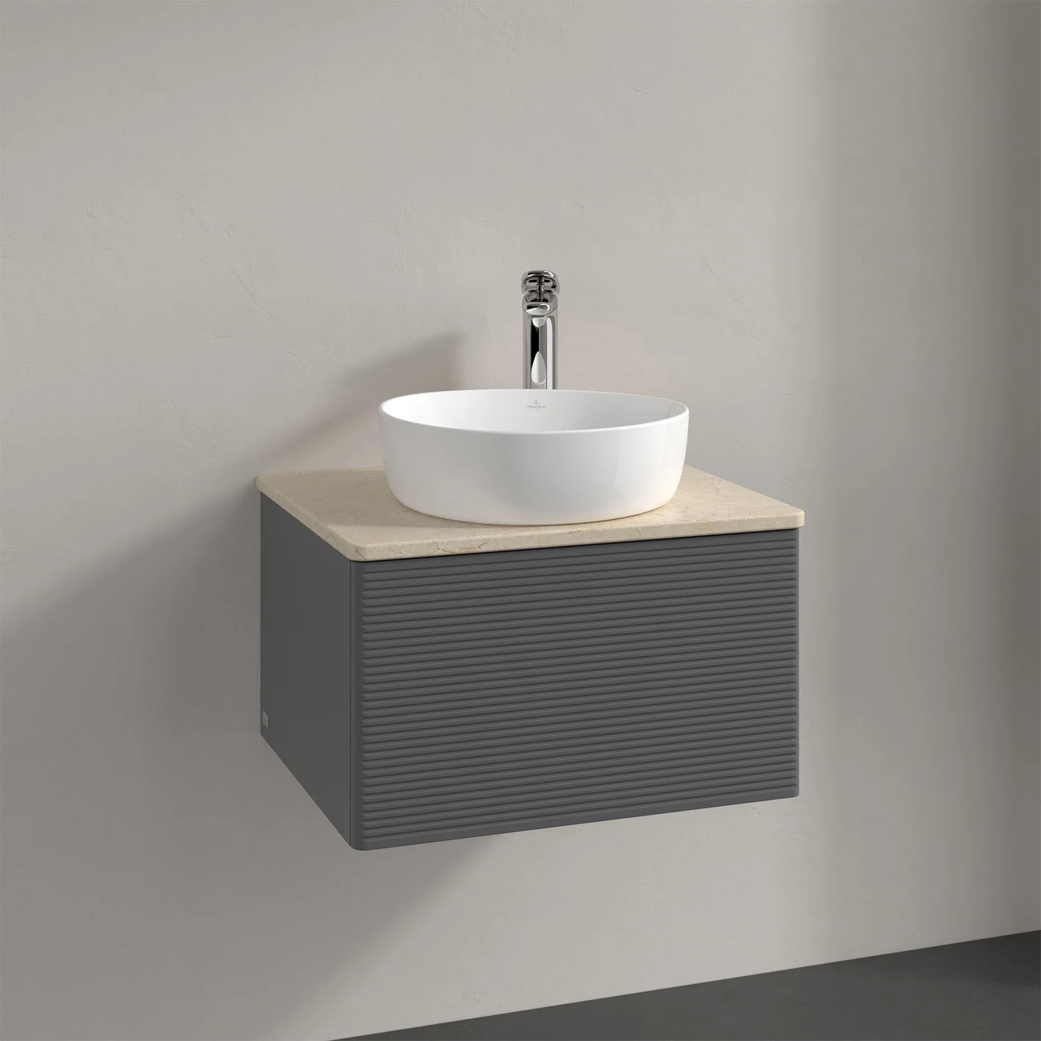 Umywalka z szarą szafką widok z boku, Villeroy & Boch