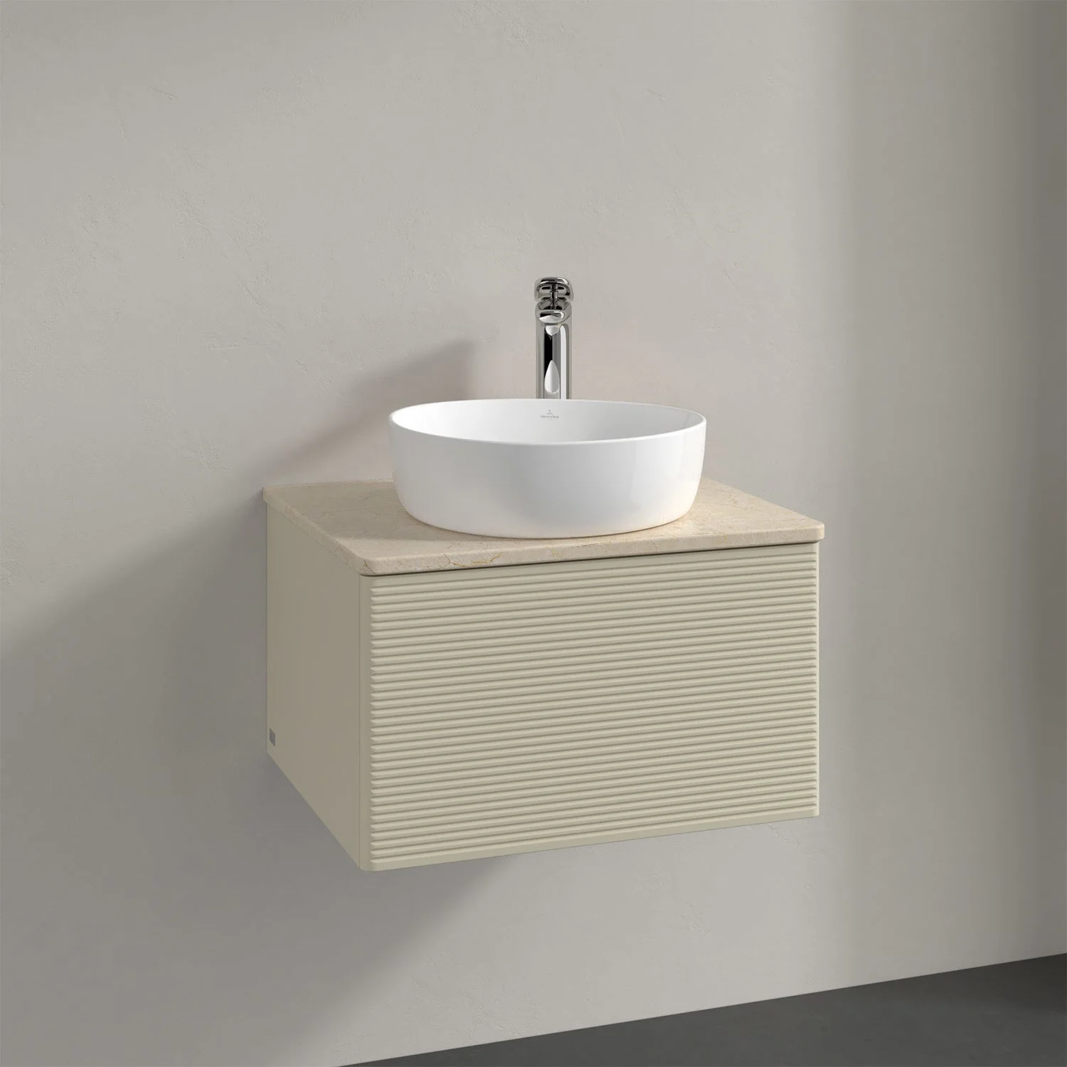 Umywalka z jasnobeżową szafką widok z boku, Villeroy & Boch