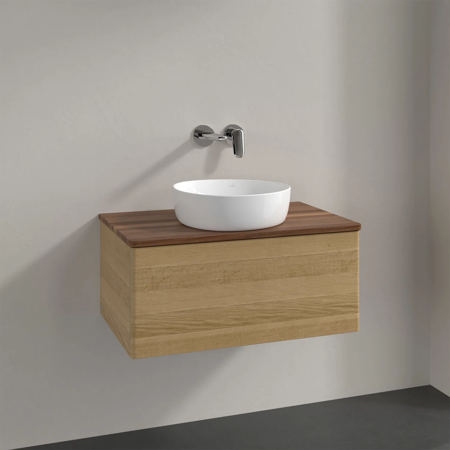 Drewniana szafka łazienkowa z okrągłą umywalką, Villeroy & Boch