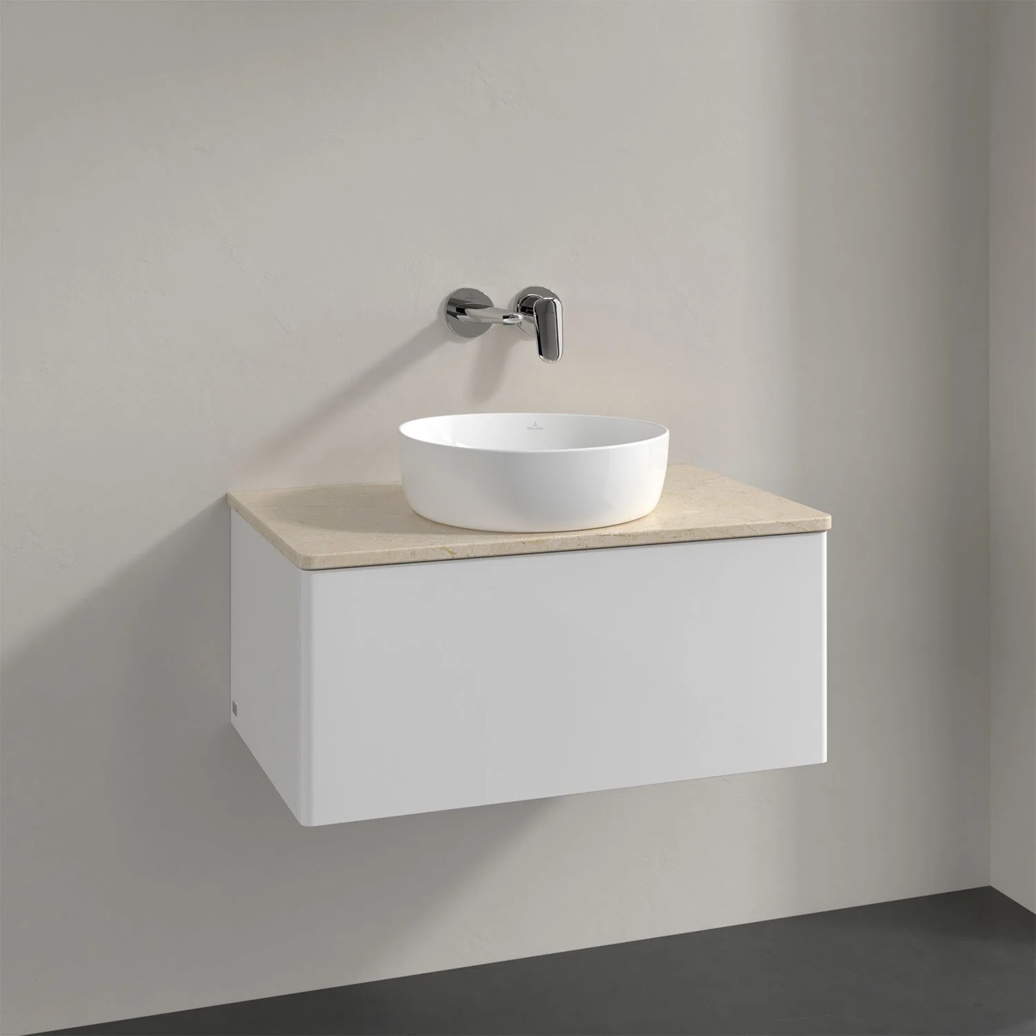 Biała szafka łazienkowa z okrągłą umywalką, Villeroy & Boch