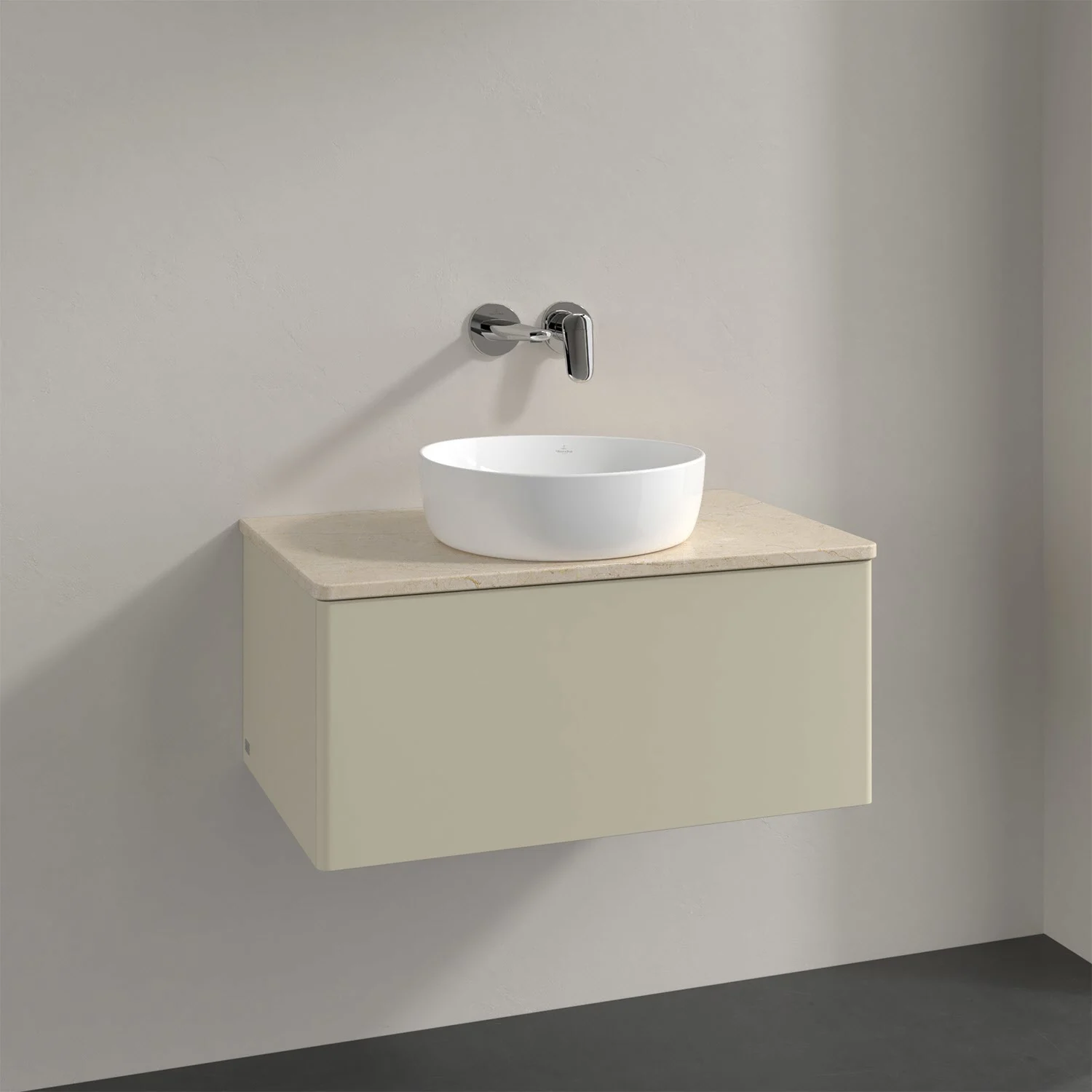 Beżowa szafka łazienkowa z okrągłą umywalką, Villeroy & Boch