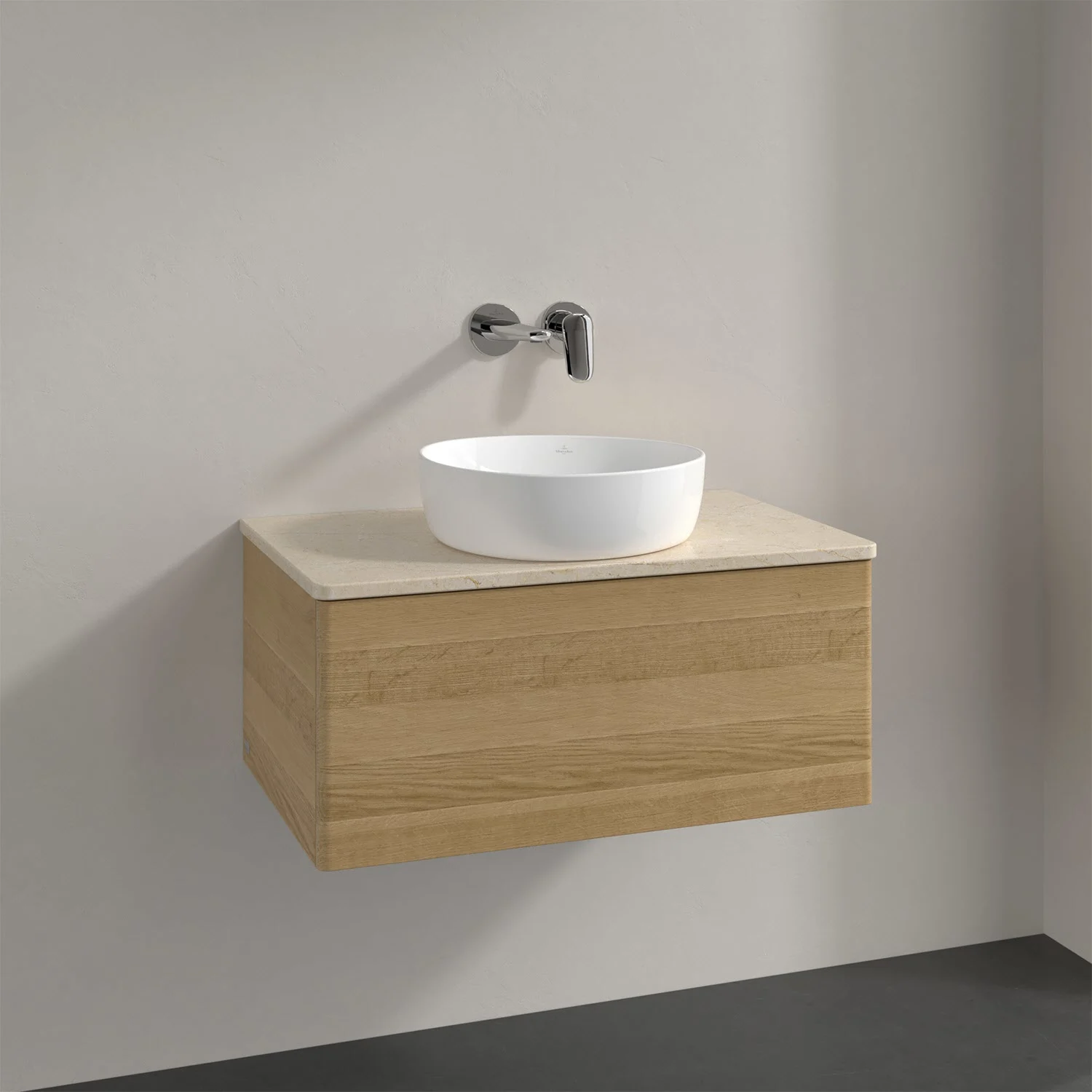Drewniana umywalka z baterią ścienną w łazience, Villeroy & Boch