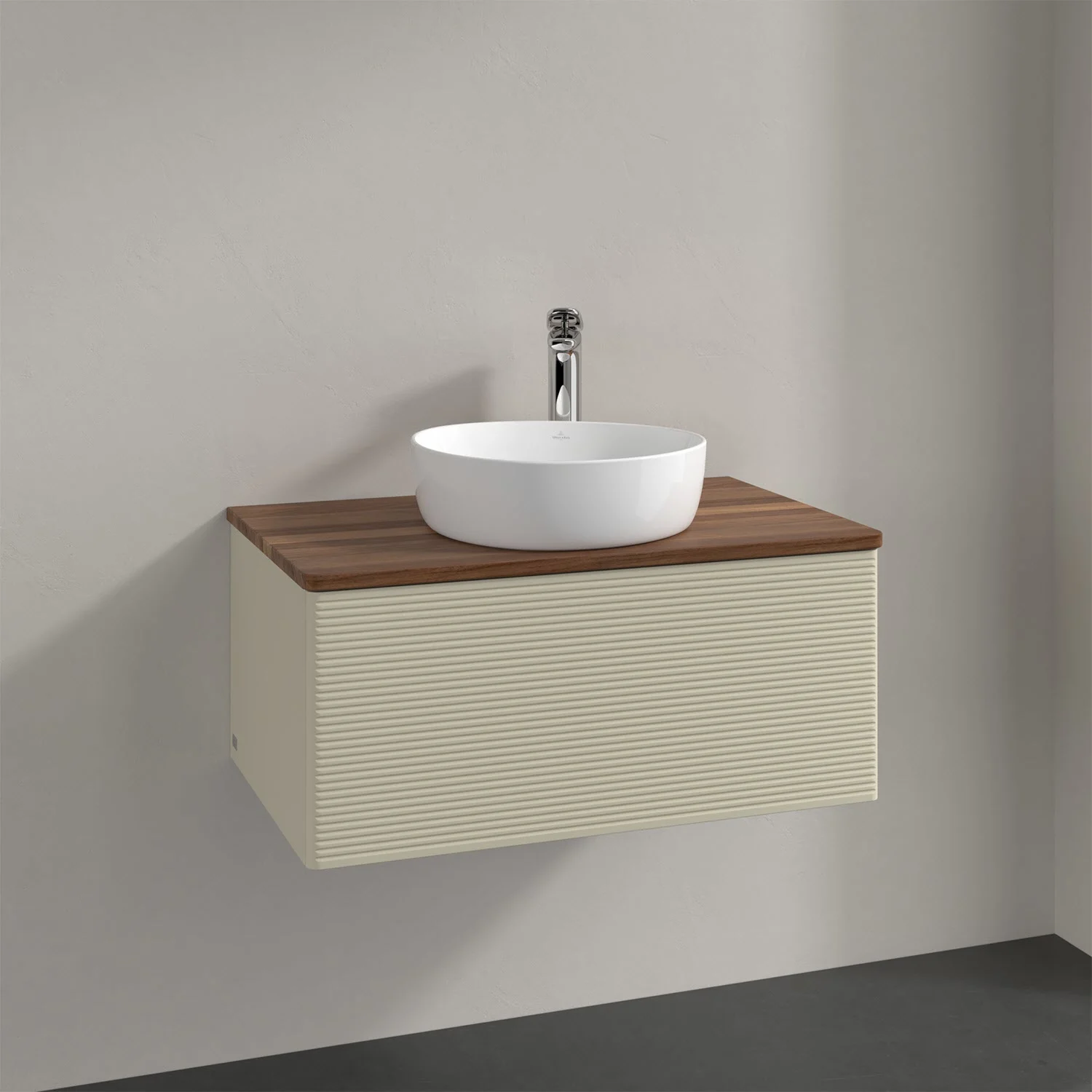 Umywalka z kremową szafką i drewnianym blatem, Villeroy & Boch