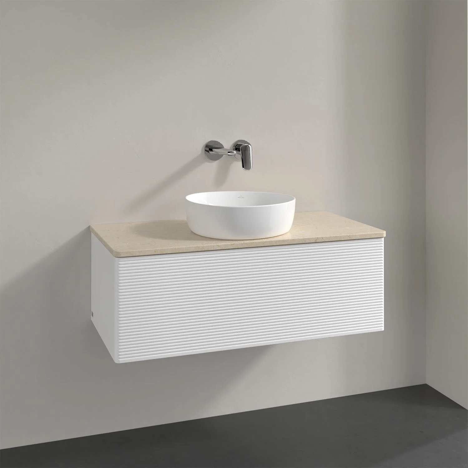 Biała szafka łazienkowa z beżową powierzchnią z bliska, Villeroy & Boch