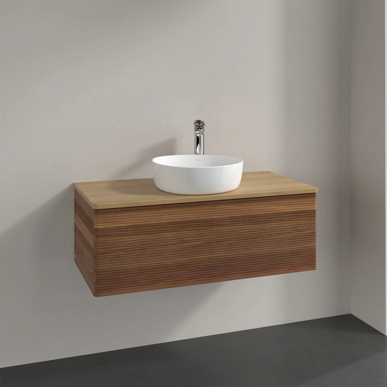 Umywalka z ciemnym drewnianym frontem i blatem, Villeroy & Boch