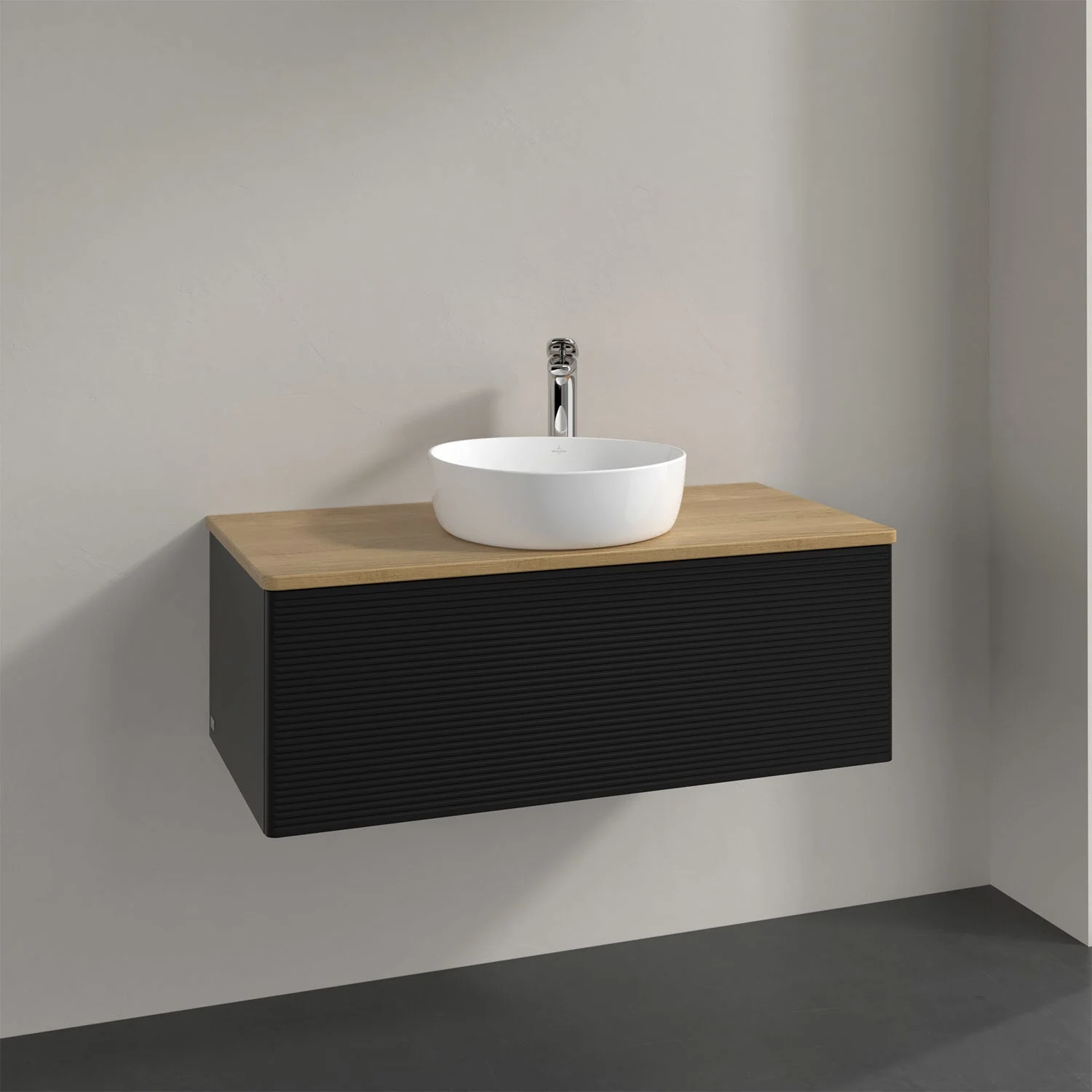 Umywalka z czarnym frontem i drewnianym blatem, Villeroy & Boch