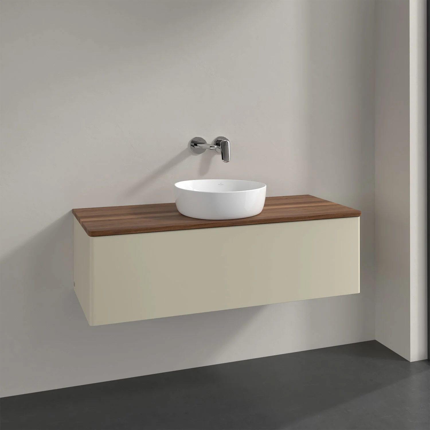 Umywalka z drewnianym blatem i białą umywalką, Villeroy & Boch