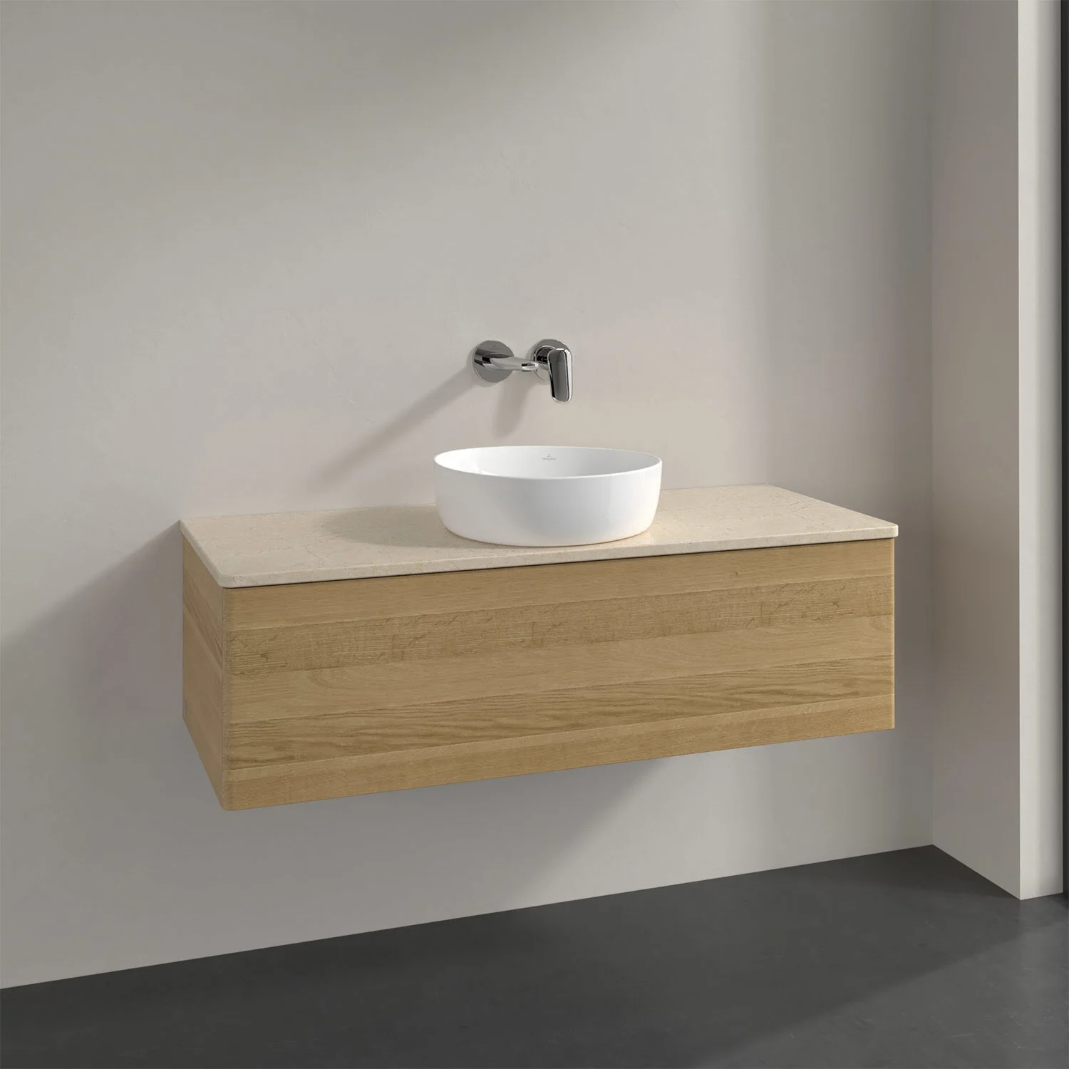 Biała umywalka na drewnianej szafce w łazience, Villeroy & Boch