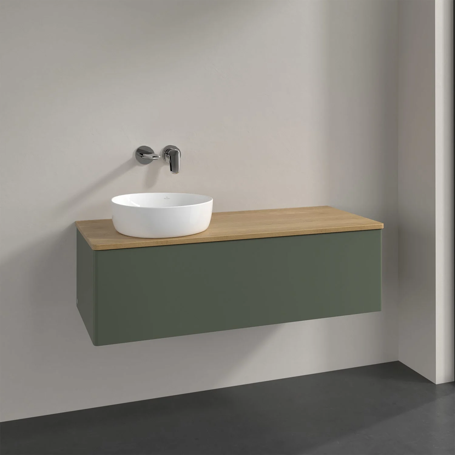 Zielone meble łazienkowe z umywalką z bliska, Villeroy & Boch