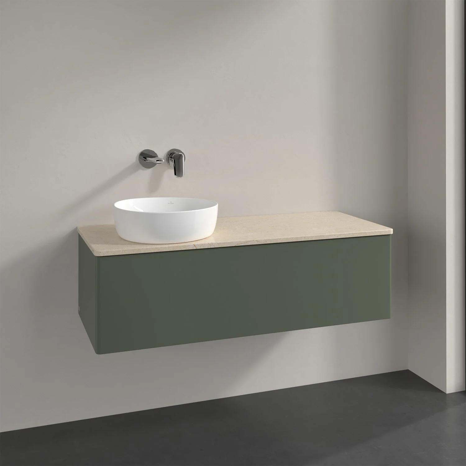 Biała umywalka na zielonej szafce w łazience, Villeroy & Boch