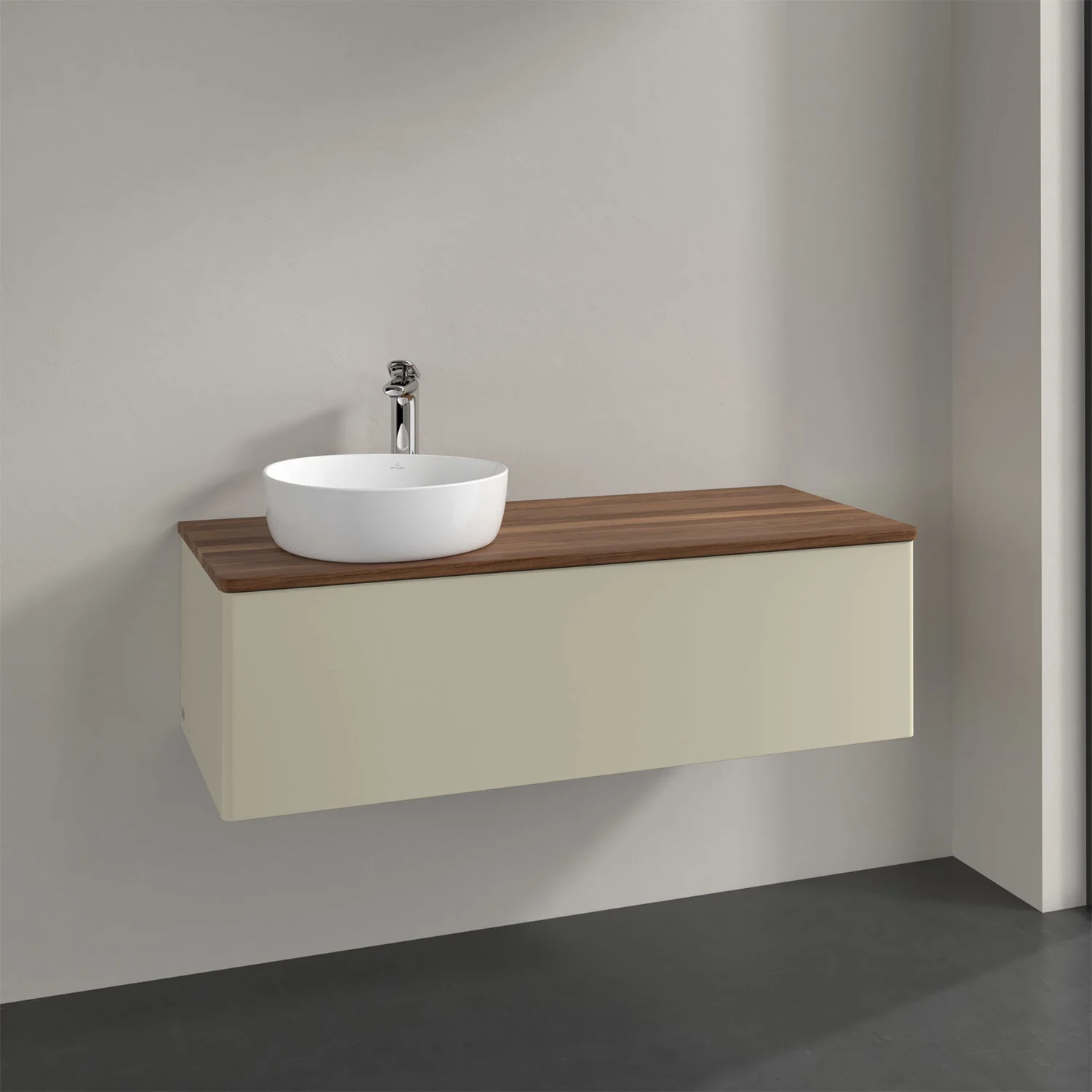 Umywalka z drewnianym blatem i białą umywalką, Villeroy & Boch