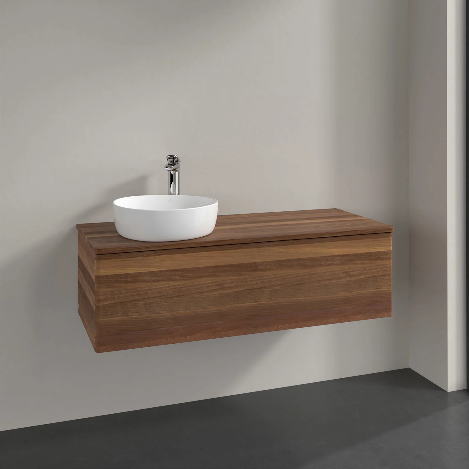 Umywalka z ciemną drewnianą szafką i drewnianym blatem, Villeroy & Boch