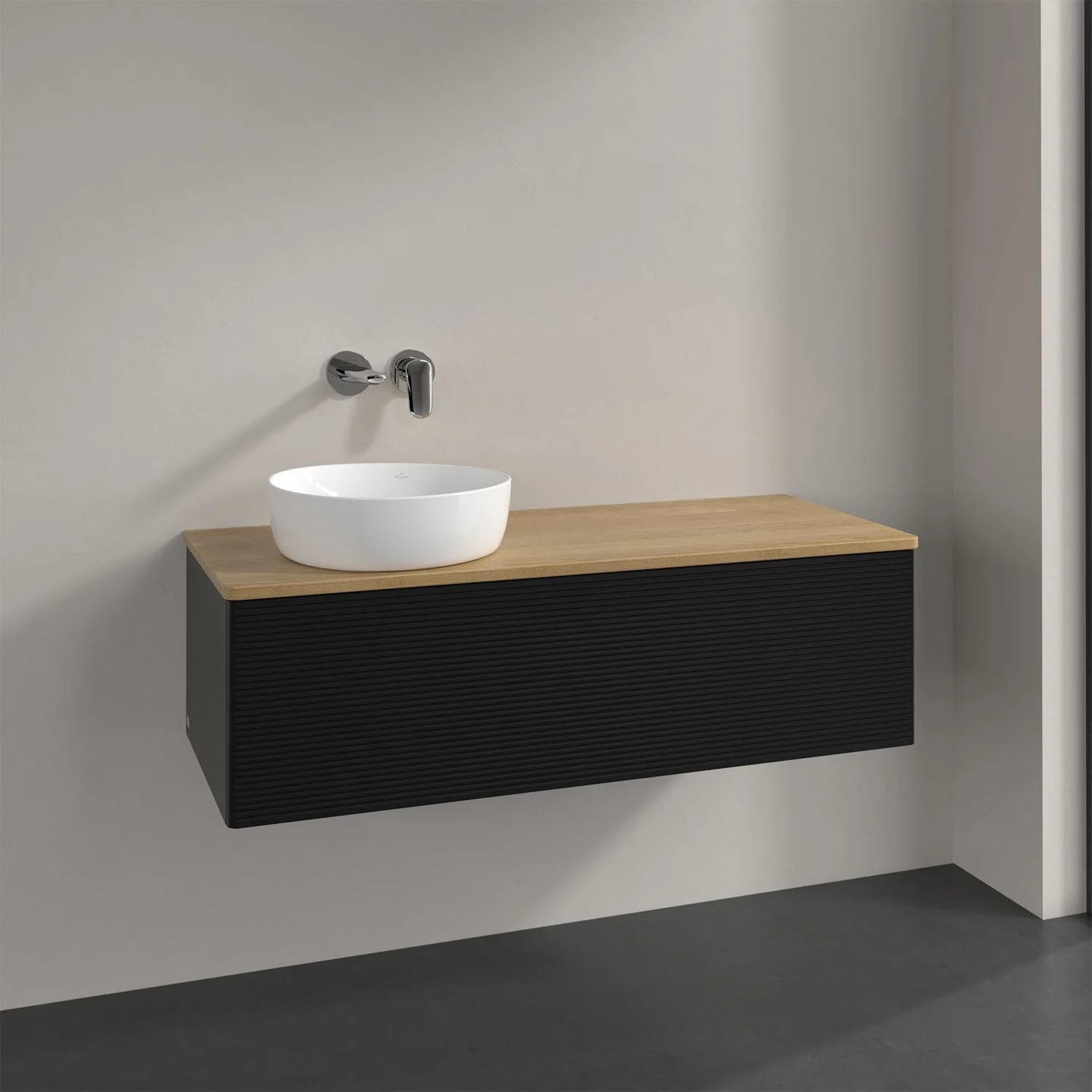 Umywalka z czarnym frontem i drewnianym blatem, Villeroy & Boch