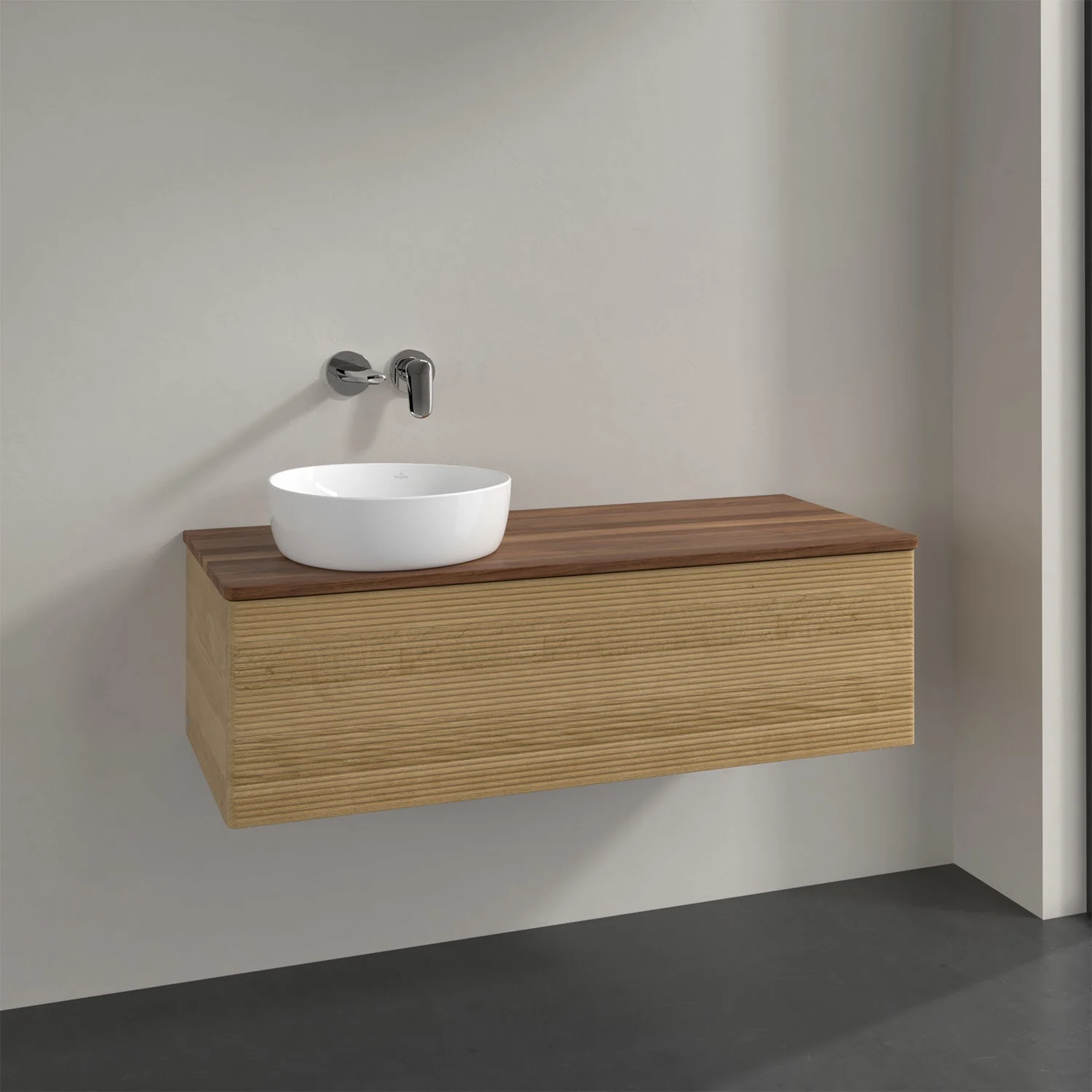 Umywalka z drewnianą powierzchnią i białą umywalką, Villeroy & Boch