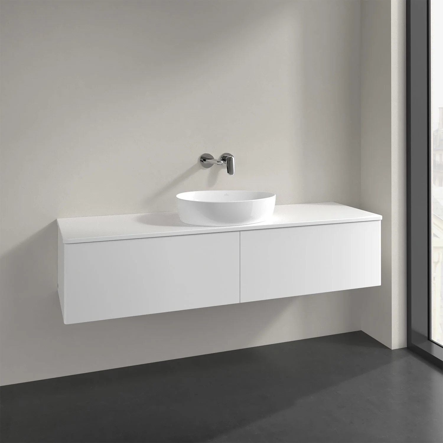 Villeroy & Boch Antao Waschbeckenunterschrank, 160 x 36 cm, 2 Auszüge, Front ohne Struktur, ohne Hahnloch, für Waschtisch mittig