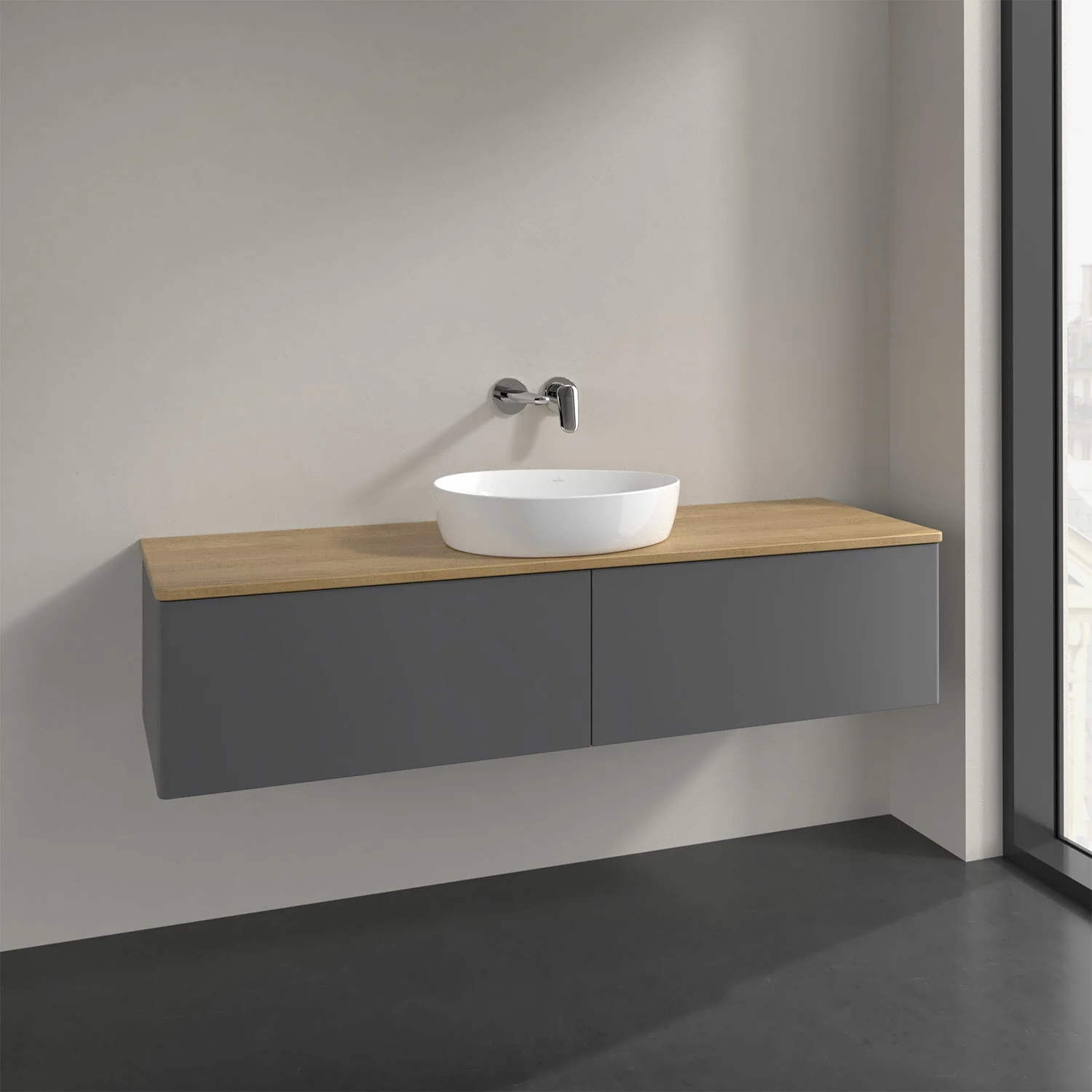Szara umywalka z białą umywalką w łazience, Villeroy & Boch