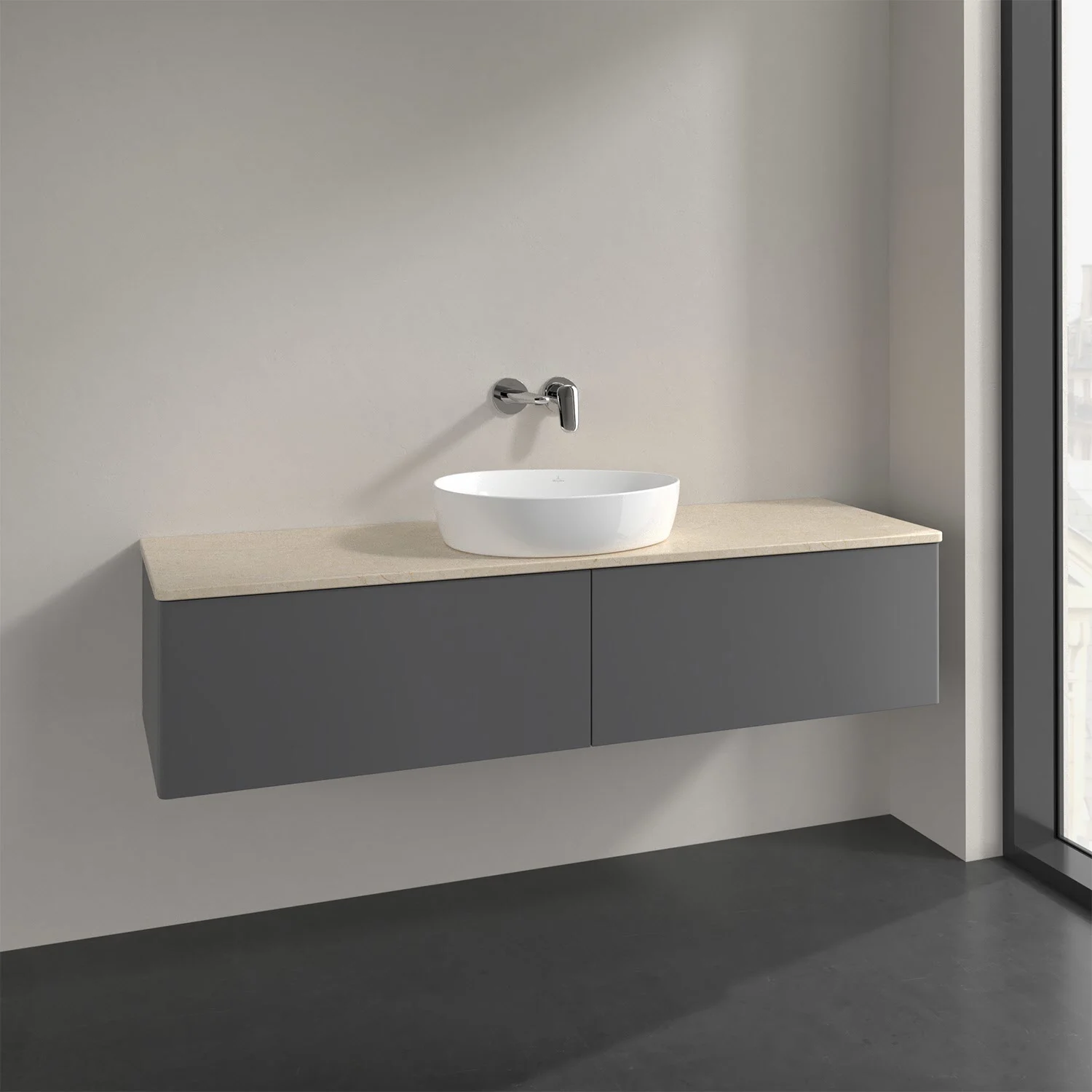 Szare meble łazienkowe z białą umywalką z bliska, Villeroy & Boch