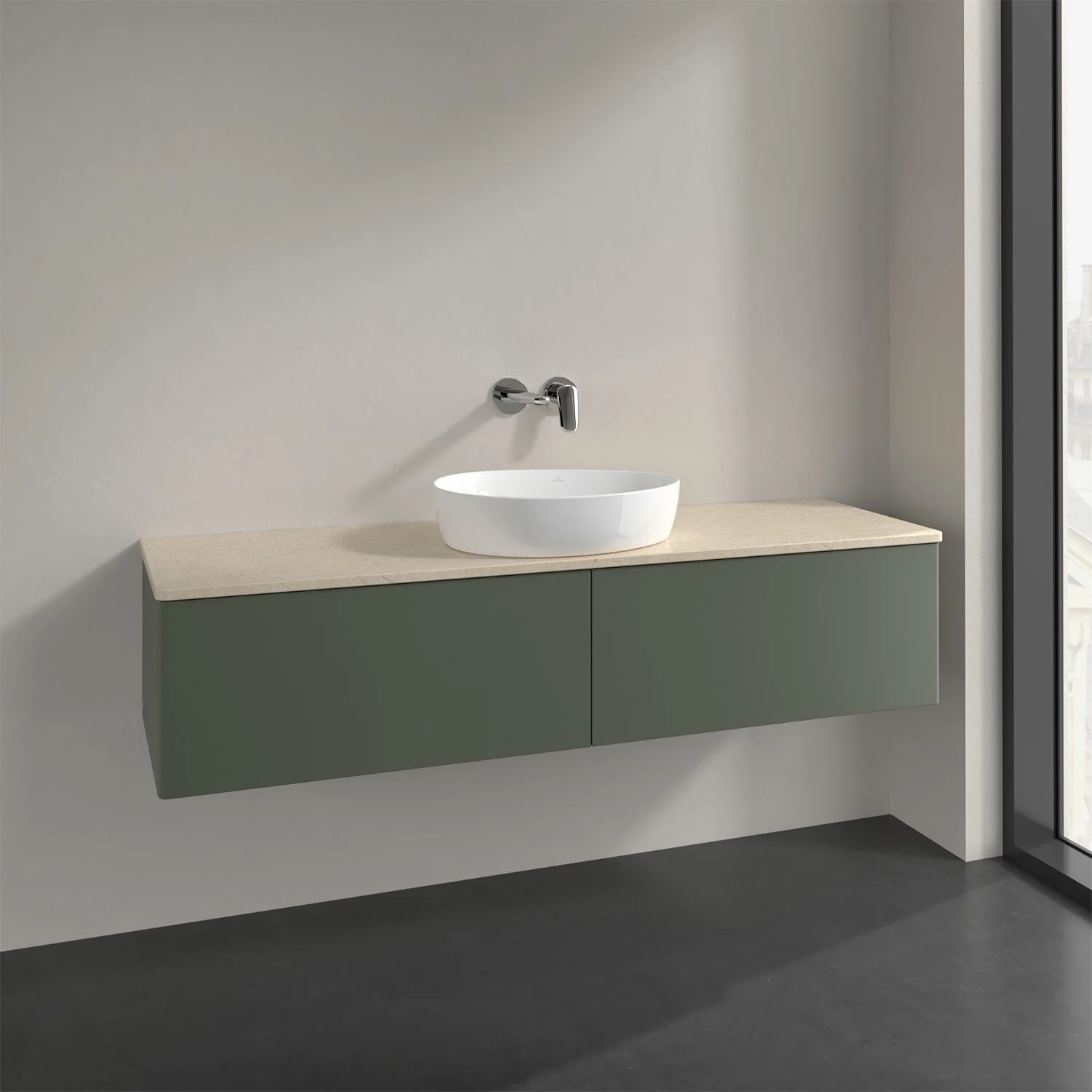 Zielone meble łazienkowe z umywalką z bliska, Villeroy & Boch