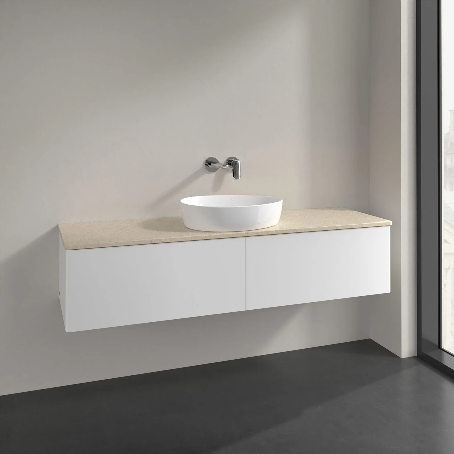 Białe meble łazienkowe z umywalką z bliska, Villeroy & Boch