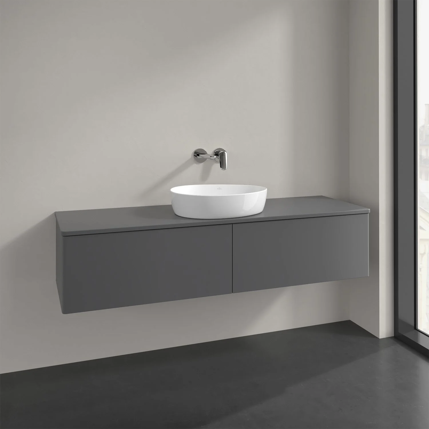 Szare meble łazienkowe z umywalką w zbliżeniu, Villeroy & Boch