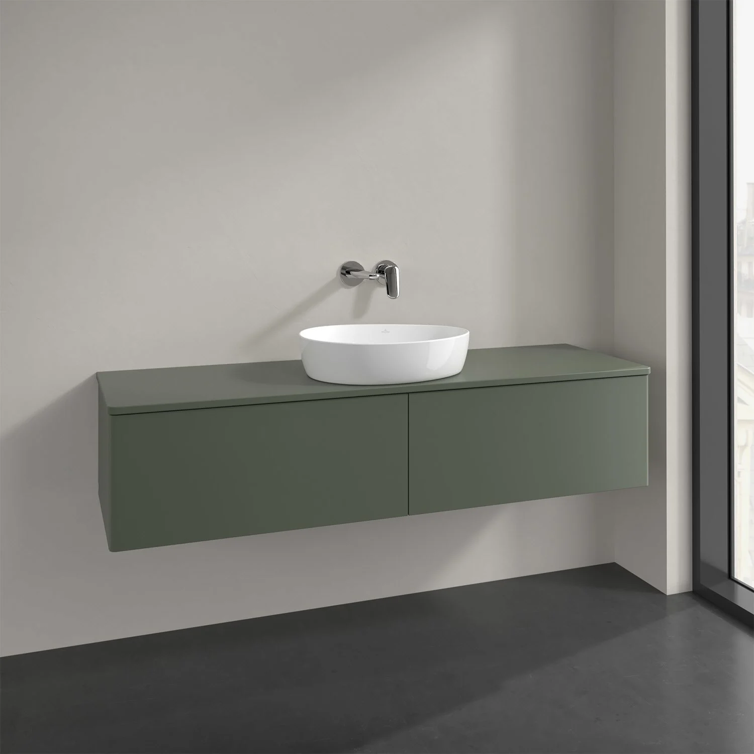 Zielone meble łazienkowe z umywalką w zbliżeniu, Villeroy & Boch