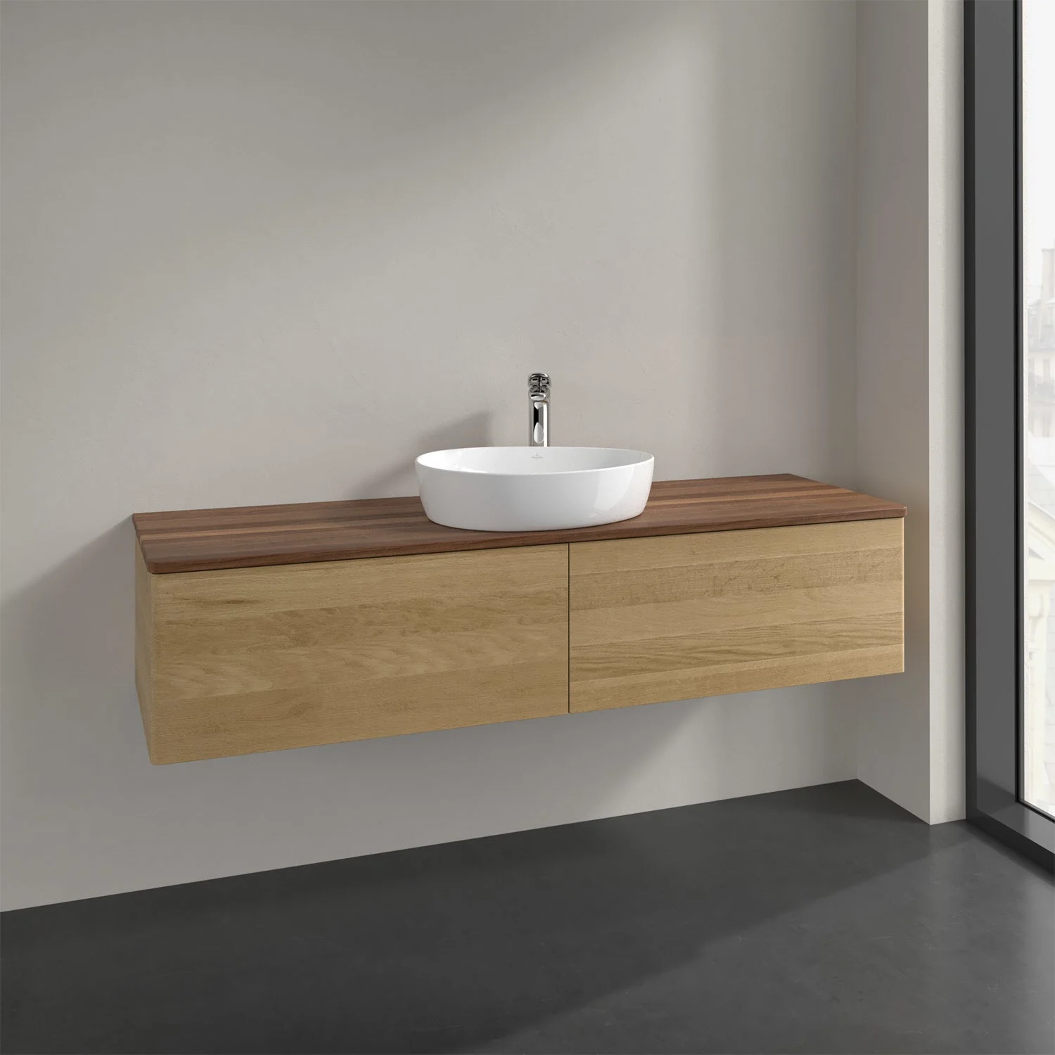 Drewniana toaletka z białą umywalką w nowoczesnym pomieszczeniu, Villeroy & Boch