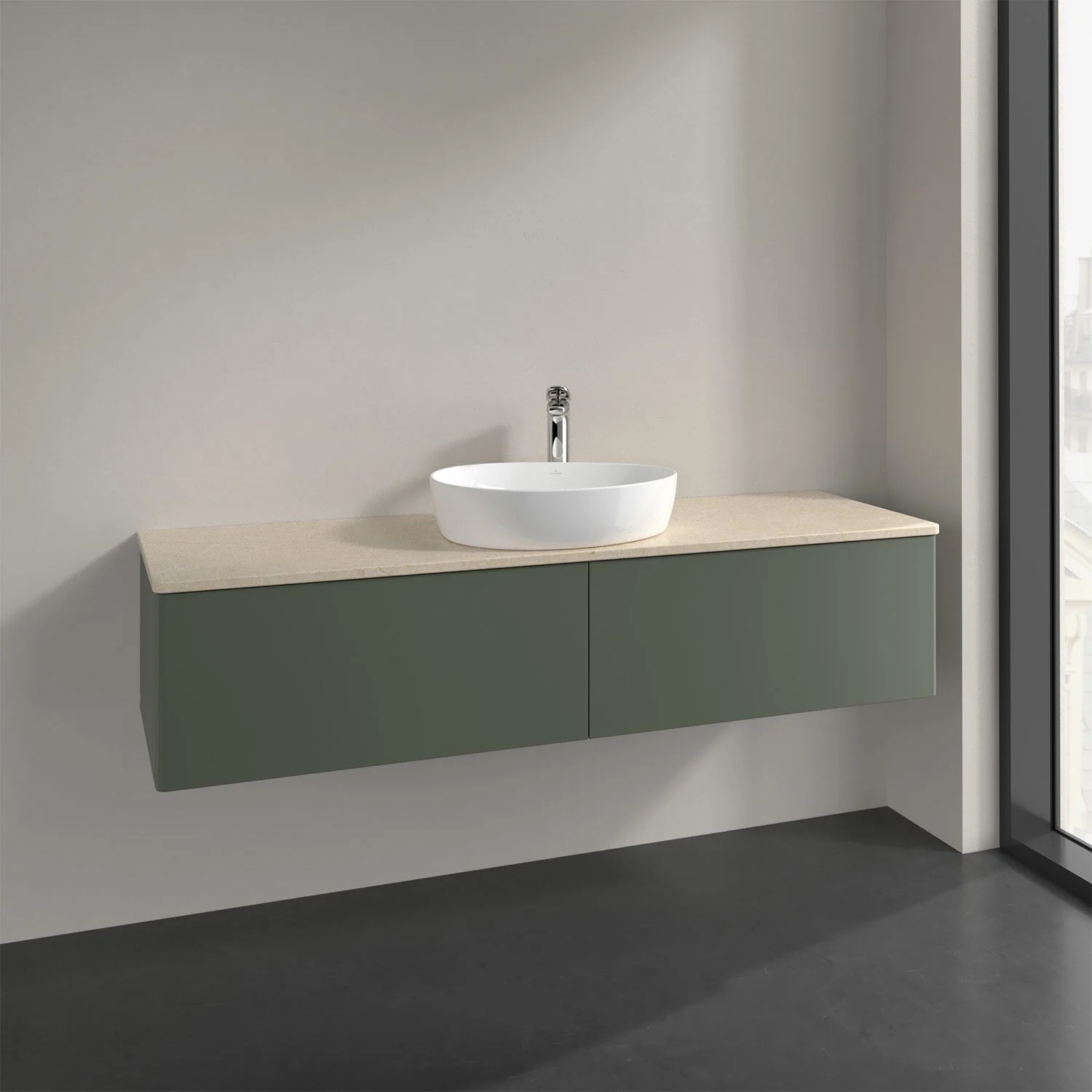 Zielone meble łazienkowe z białą umywalką nablatową, Villeroy & Boch