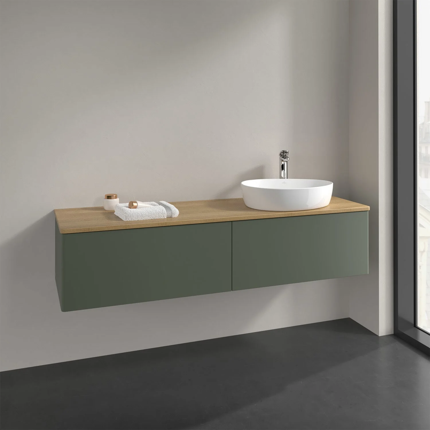 Umywalka z zieloną powierzchnią i okrągłą umywalką, Villeroy & Boch