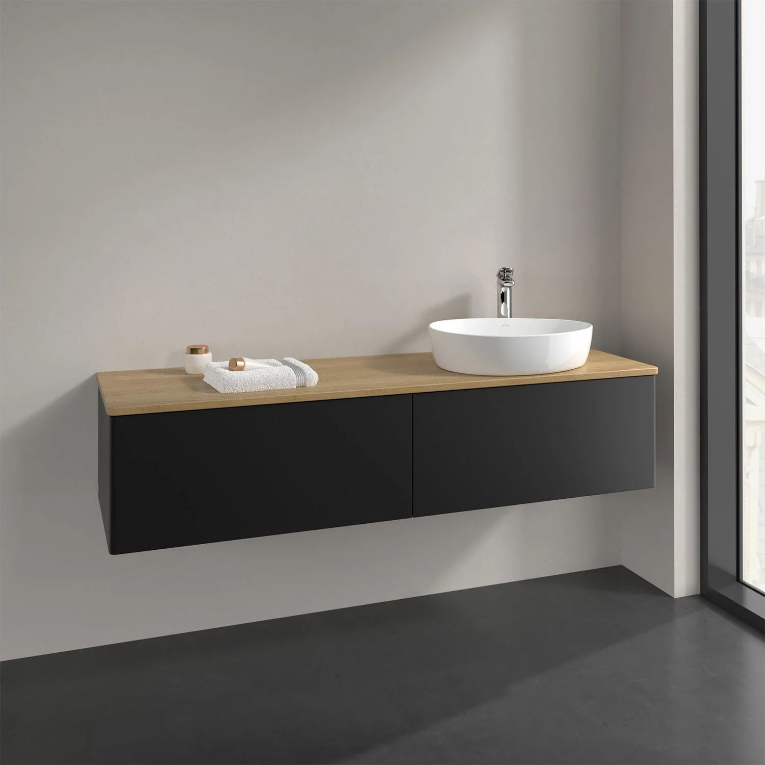 Umywalka z drewnianym blatem w łazience, Villeroy & Boch