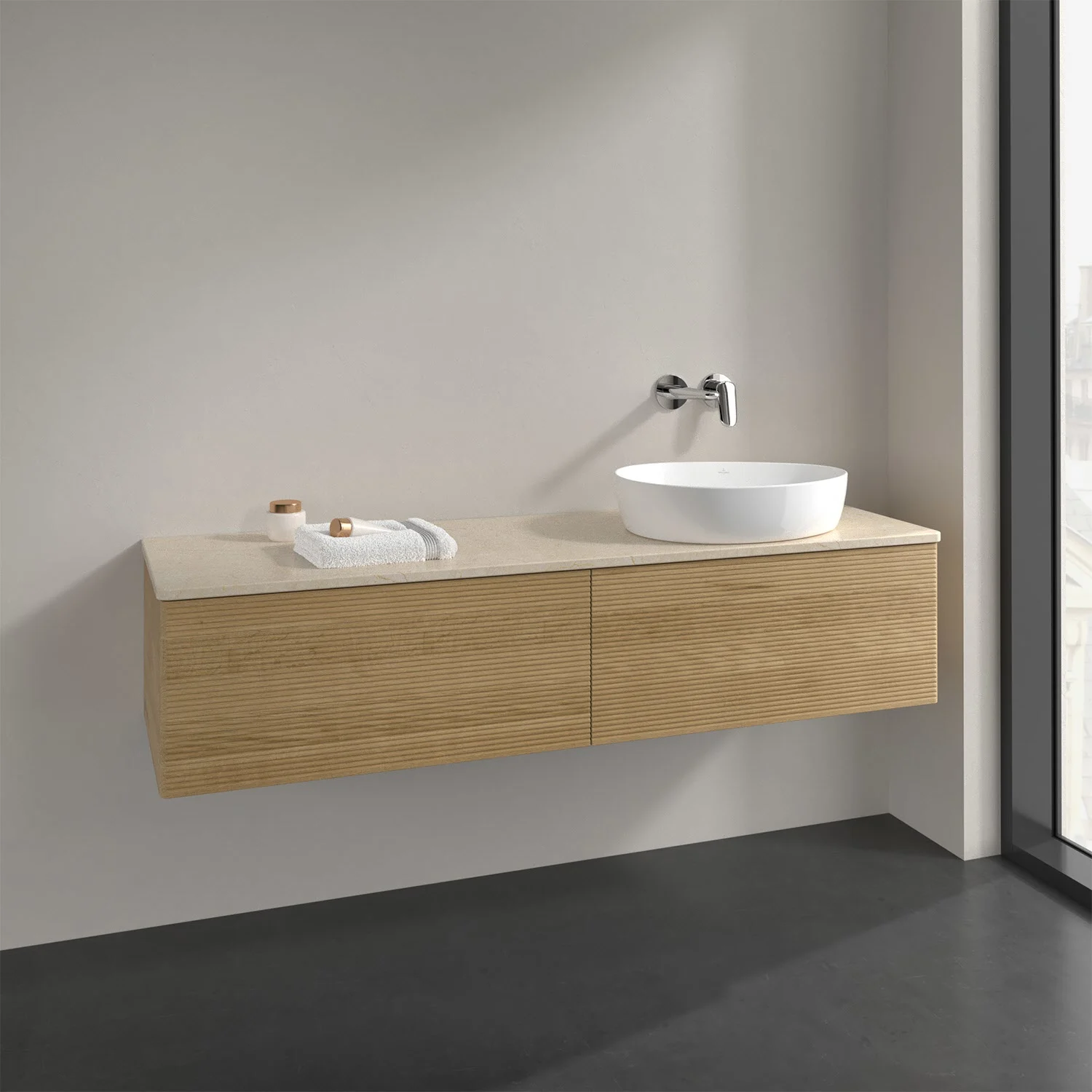 Nowoczesne meble łazienkowe z umywalką w kolorze drewna, Villeroy & Boch