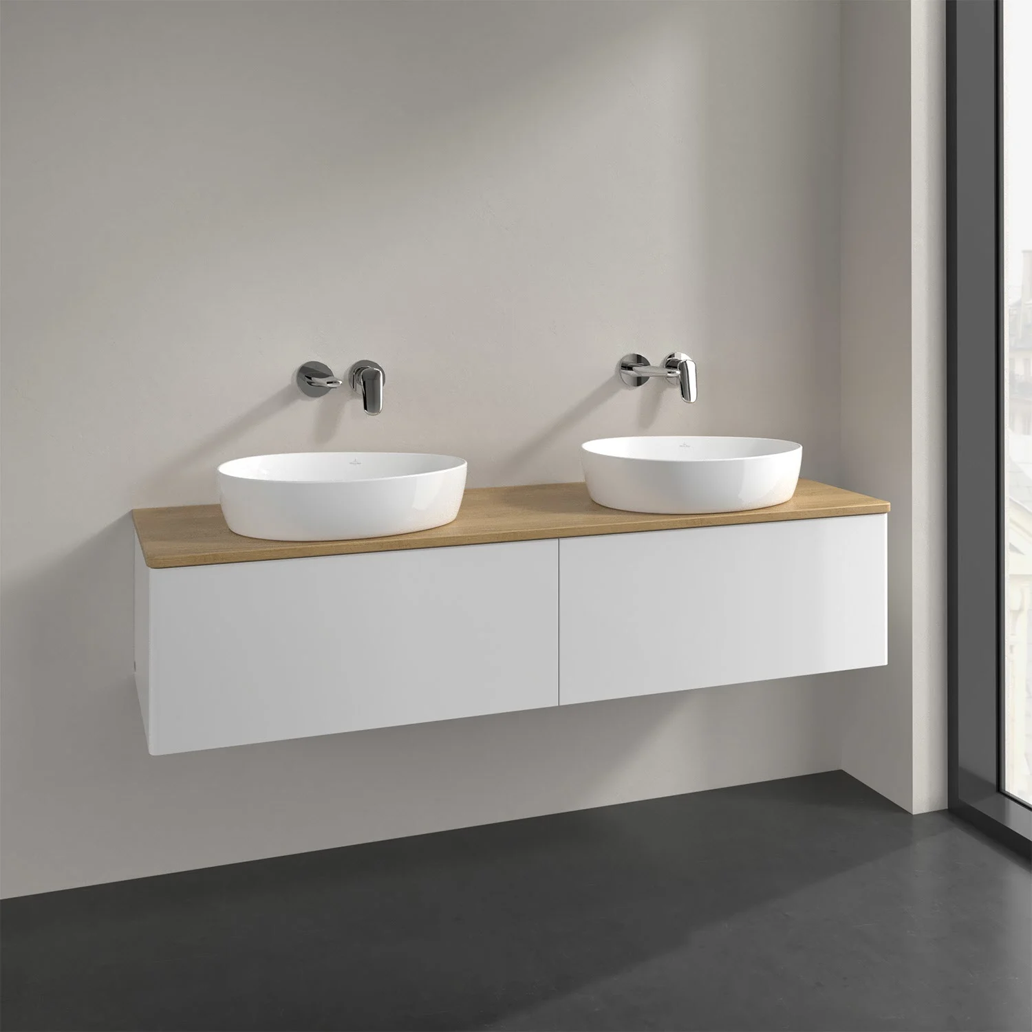 Biała podwójna umywalka w nowoczesnej łazience, Villeroy & Boch