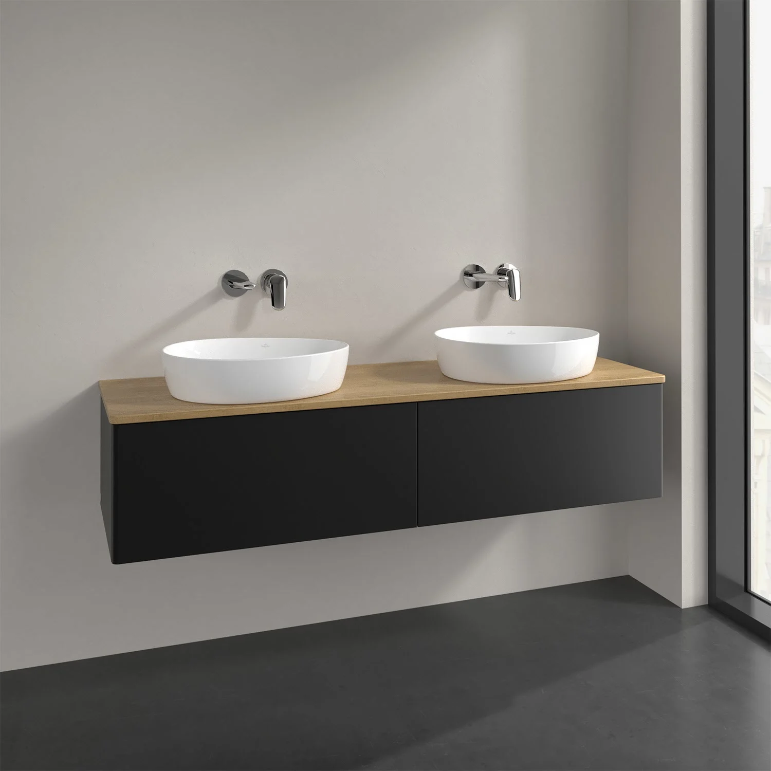 Podwójna umywalka z czarną szafką w łazience, Villeroy & Boch