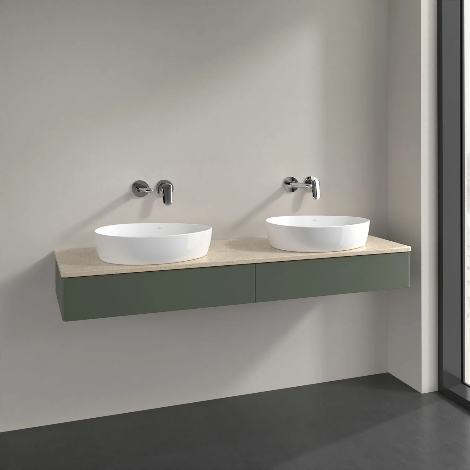 Podwójna umywalka z zieloną szafką w łazience, Villeroy & Boch