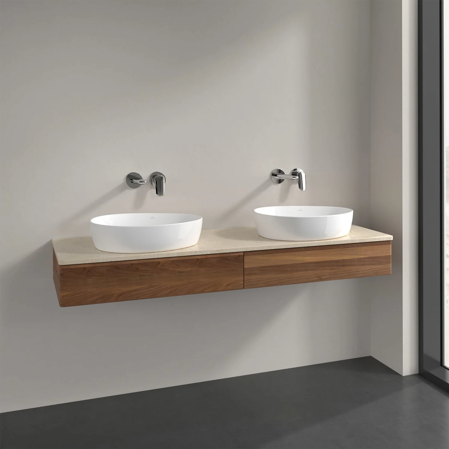 Podwójna umywalka z ciemną drewnianą szafką w łazience, Villeroy & Boch