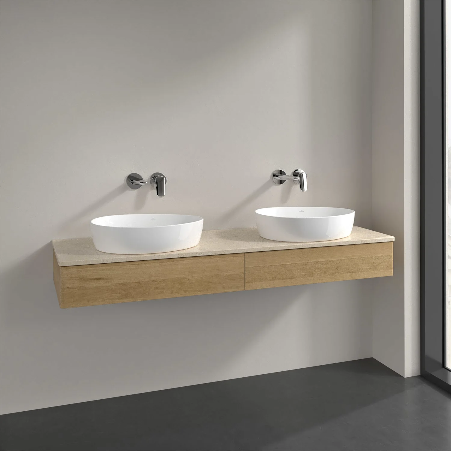 Podwójna umywalka z drewnianą szafką w łazience, Villeroy & Boch