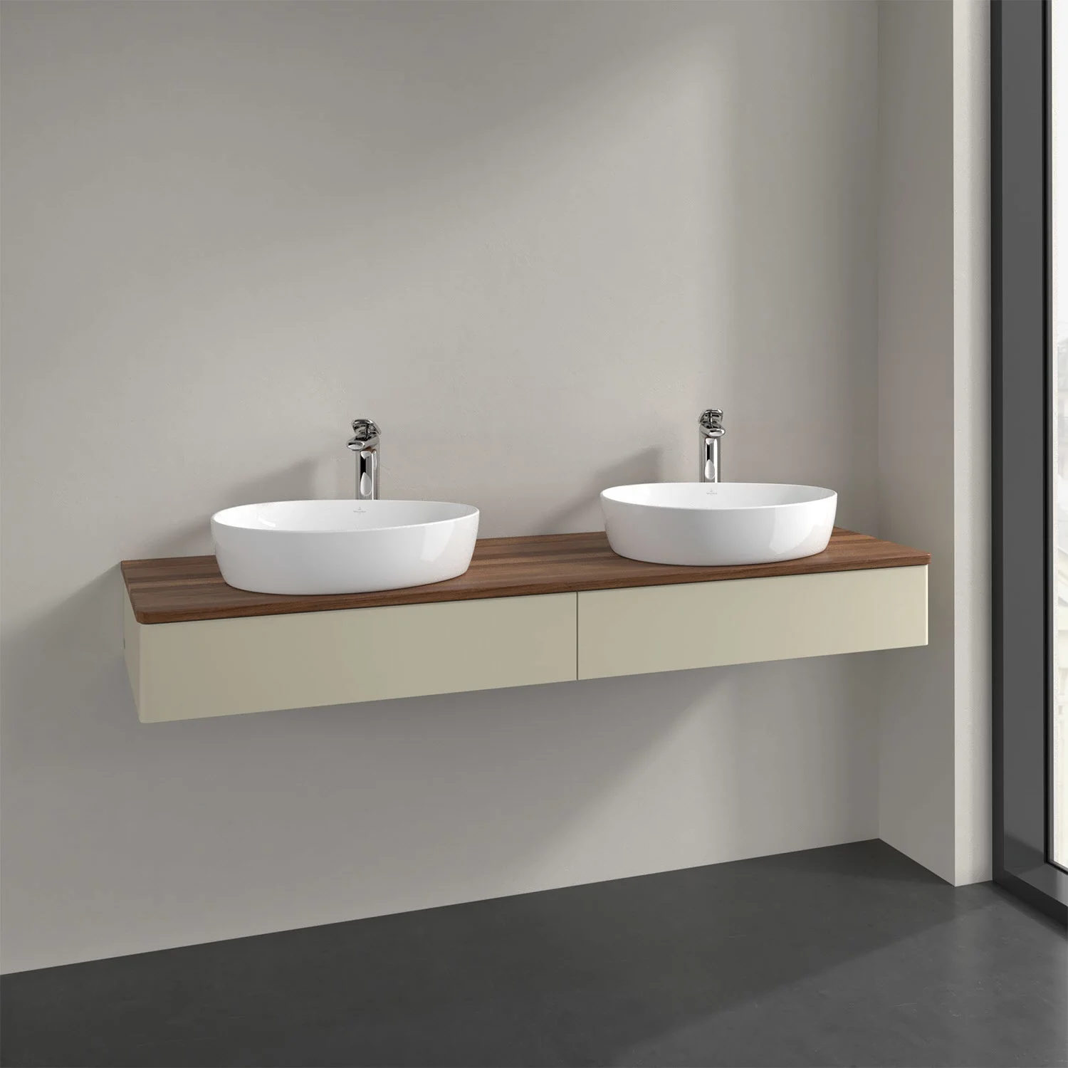 Podwójna umywalka z beżową szufladą w łazience, Villeroy & Boch