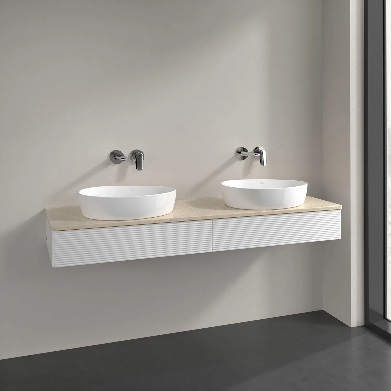 Podwójna umywalka z bateriami ściennymi w łazience, Villeroy & Boch